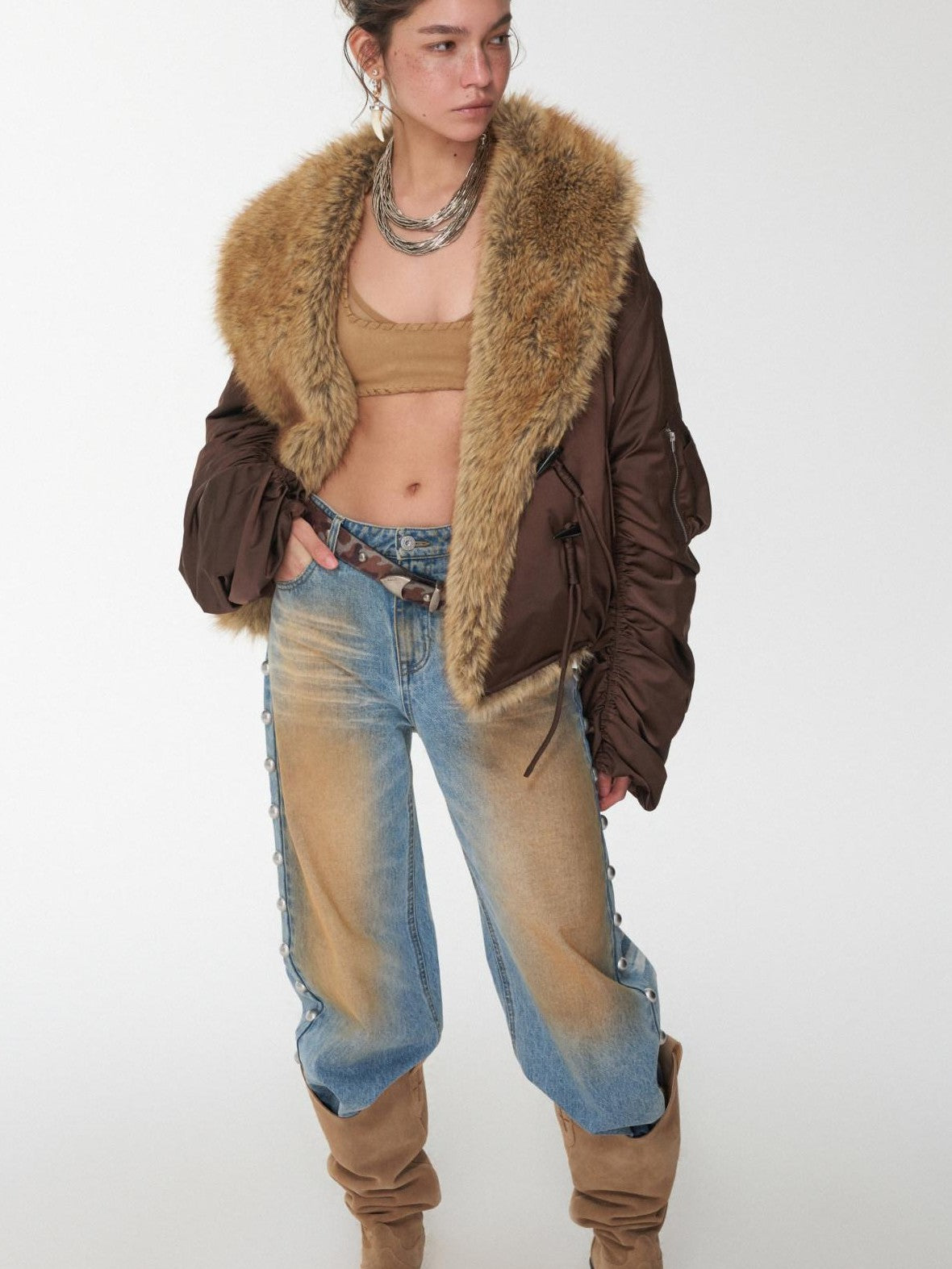 Vintage Workwear Pleated Sleeve Contrast Fur Collar Women's Bomber Jackets