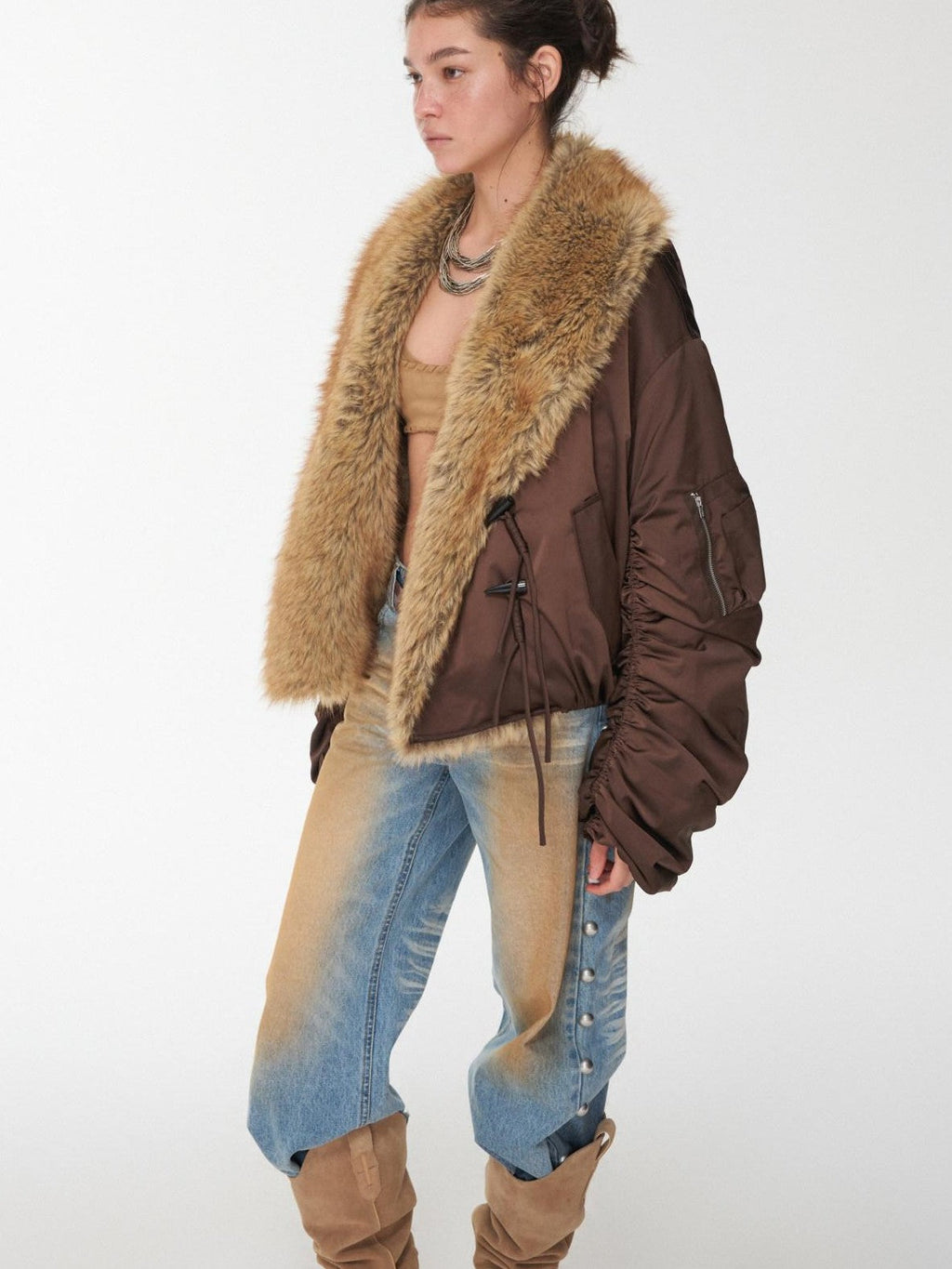 Vintage Workwear Pleated Sleeve Contrast Fur Collar Women's Bomber Jackets
