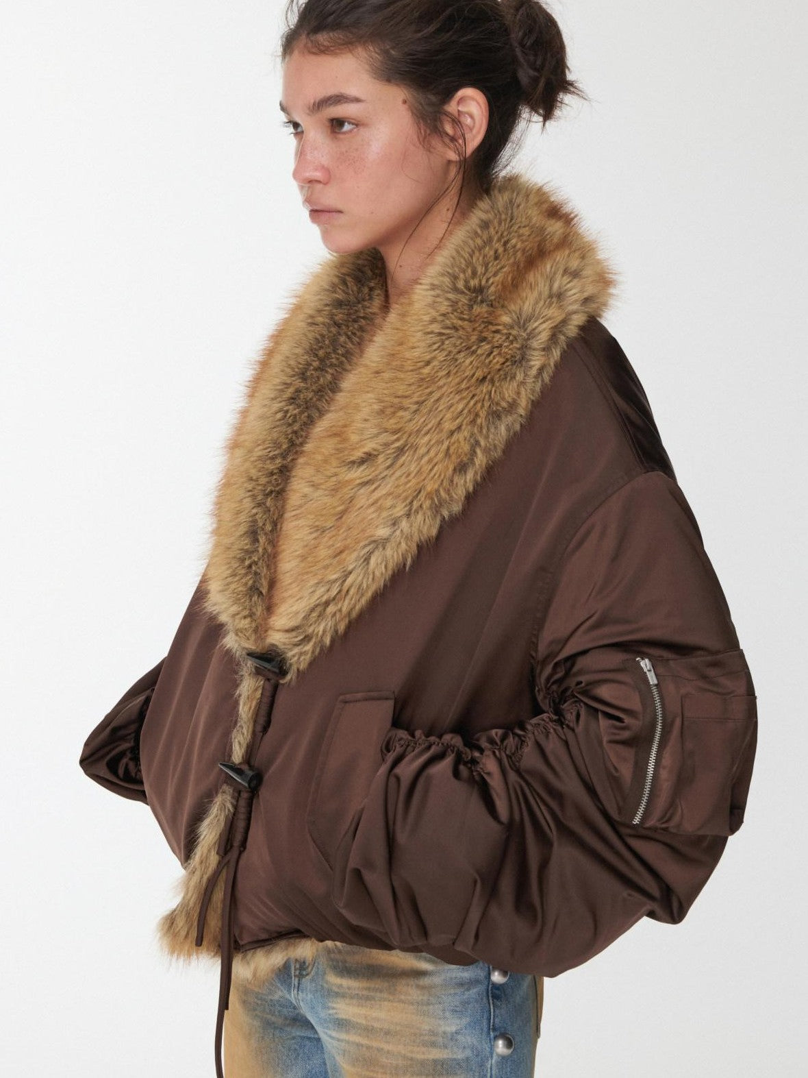 Vintage Workwear Pleated Sleeve Contrast Fur Collar Women's Bomber Jackets
