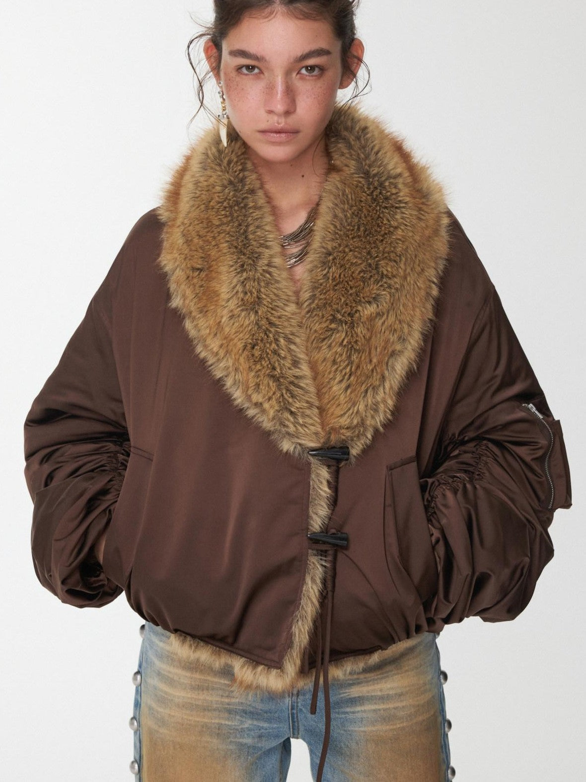 Vintage Workwear Pleated Sleeve Contrast Fur Collar Women's Bomber Jackets