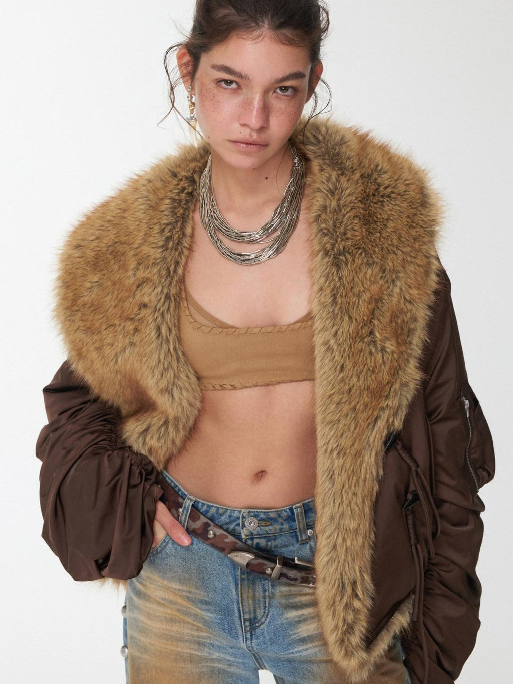 Vintage Workwear Pleated Sleeve Contrast Fur Collar Women's Bomber Jackets