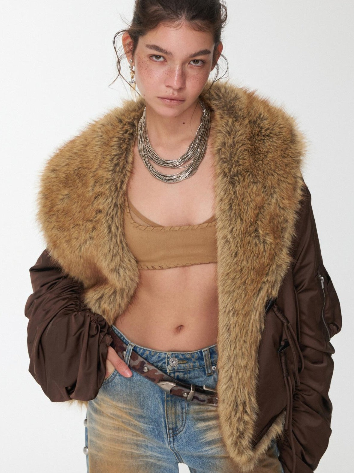 Vintage Workwear Pleated Sleeve Contrast Fur Collar Women's Bomber Jackets