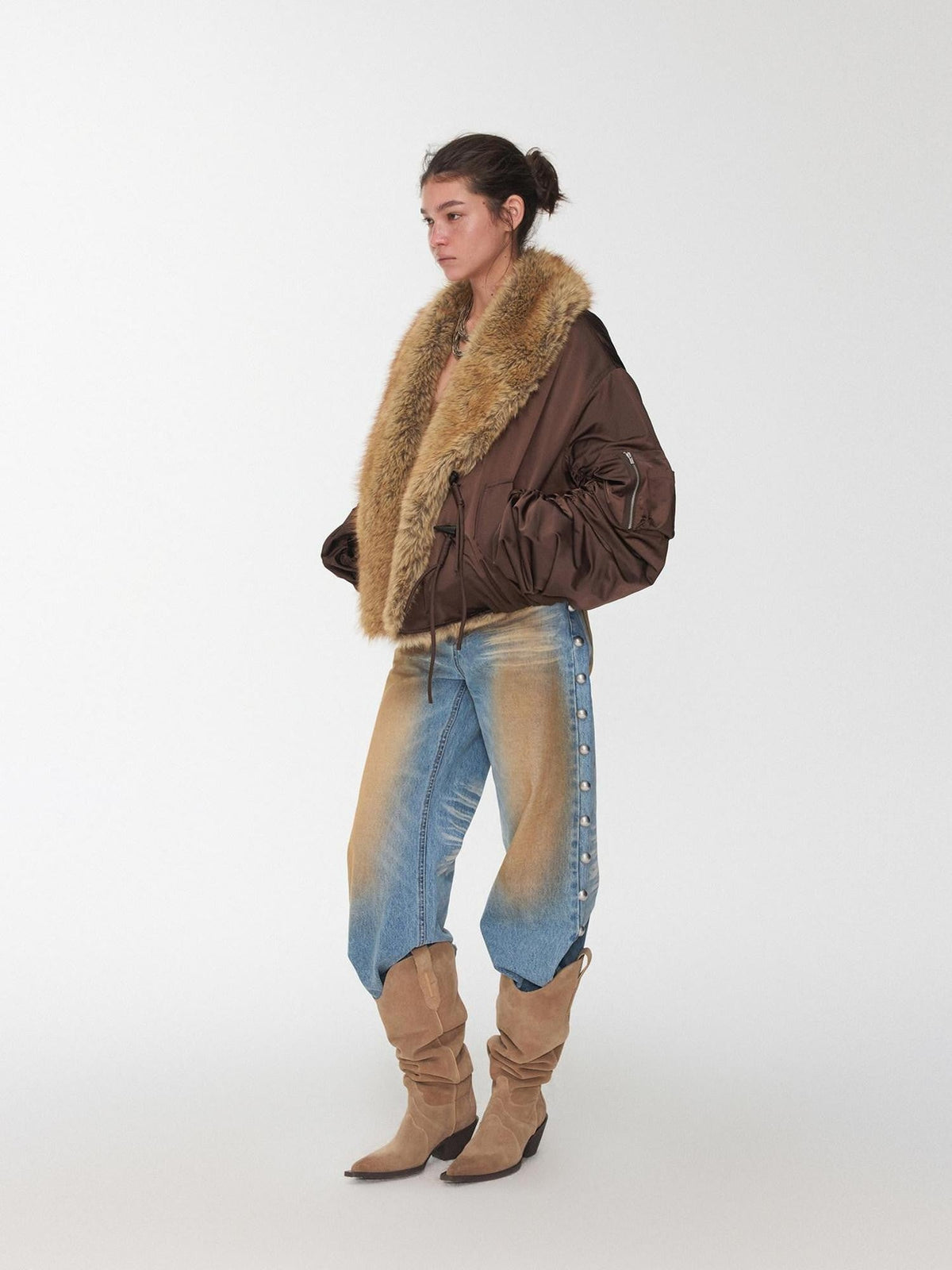 Vintage Workwear Pleated Sleeve Contrast Fur Collar Women's Bomber Jackets