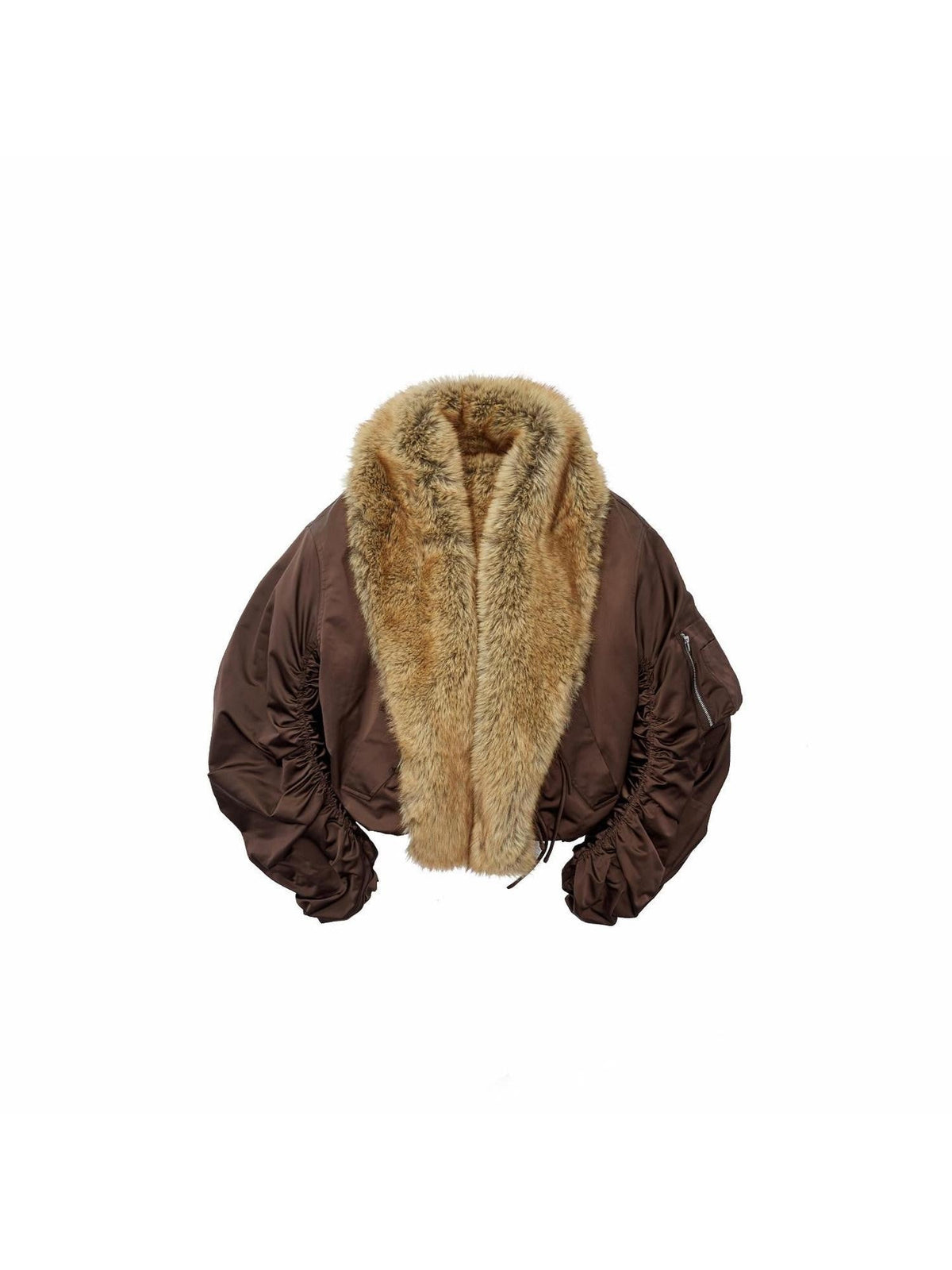 Vintage Workwear Pleated Sleeve Contrast Fur Collar Women's Bomber Jackets