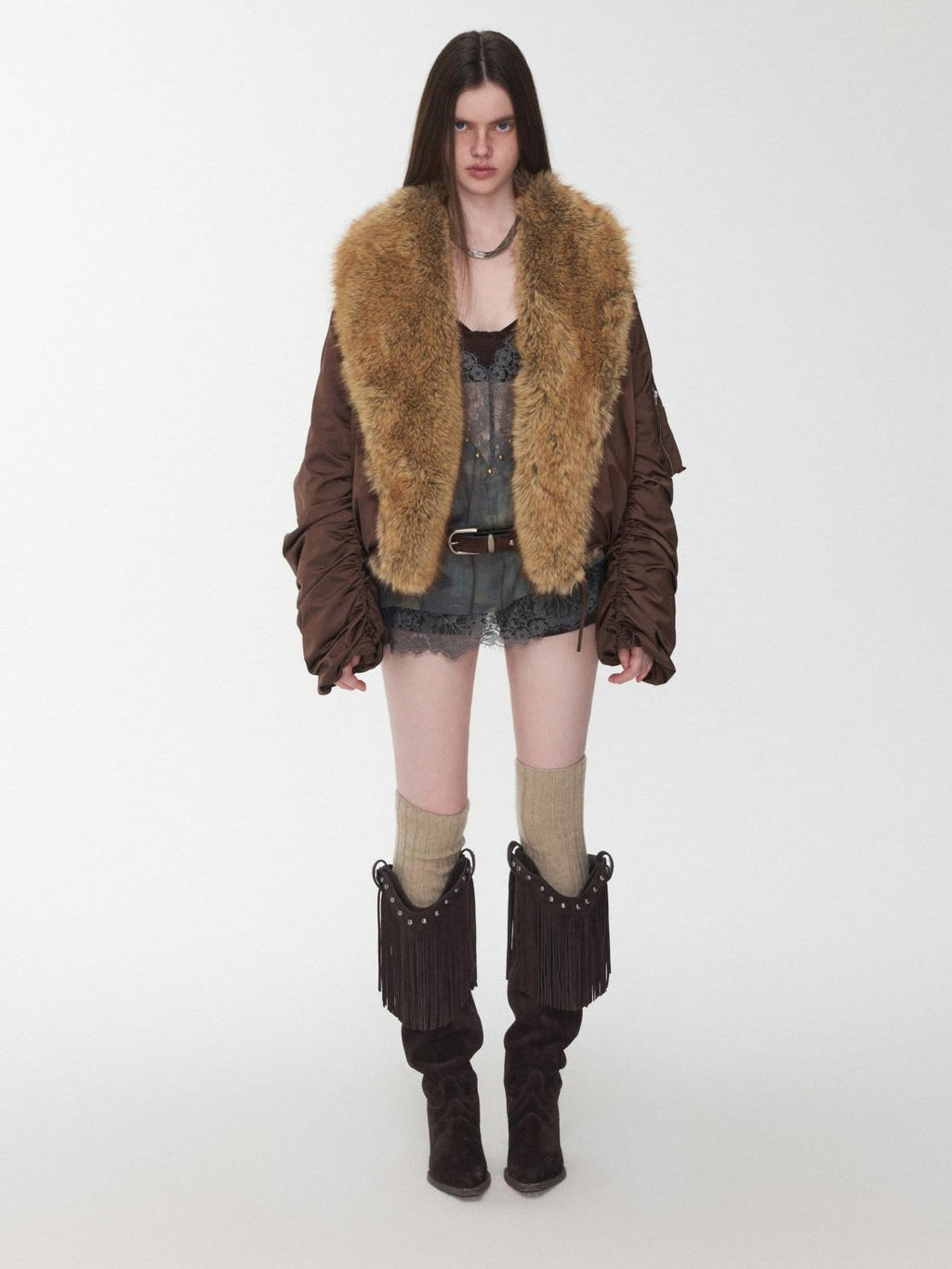 Vintage Workwear Pleated Sleeve Contrast Fur Collar Women's Bomber Jackets