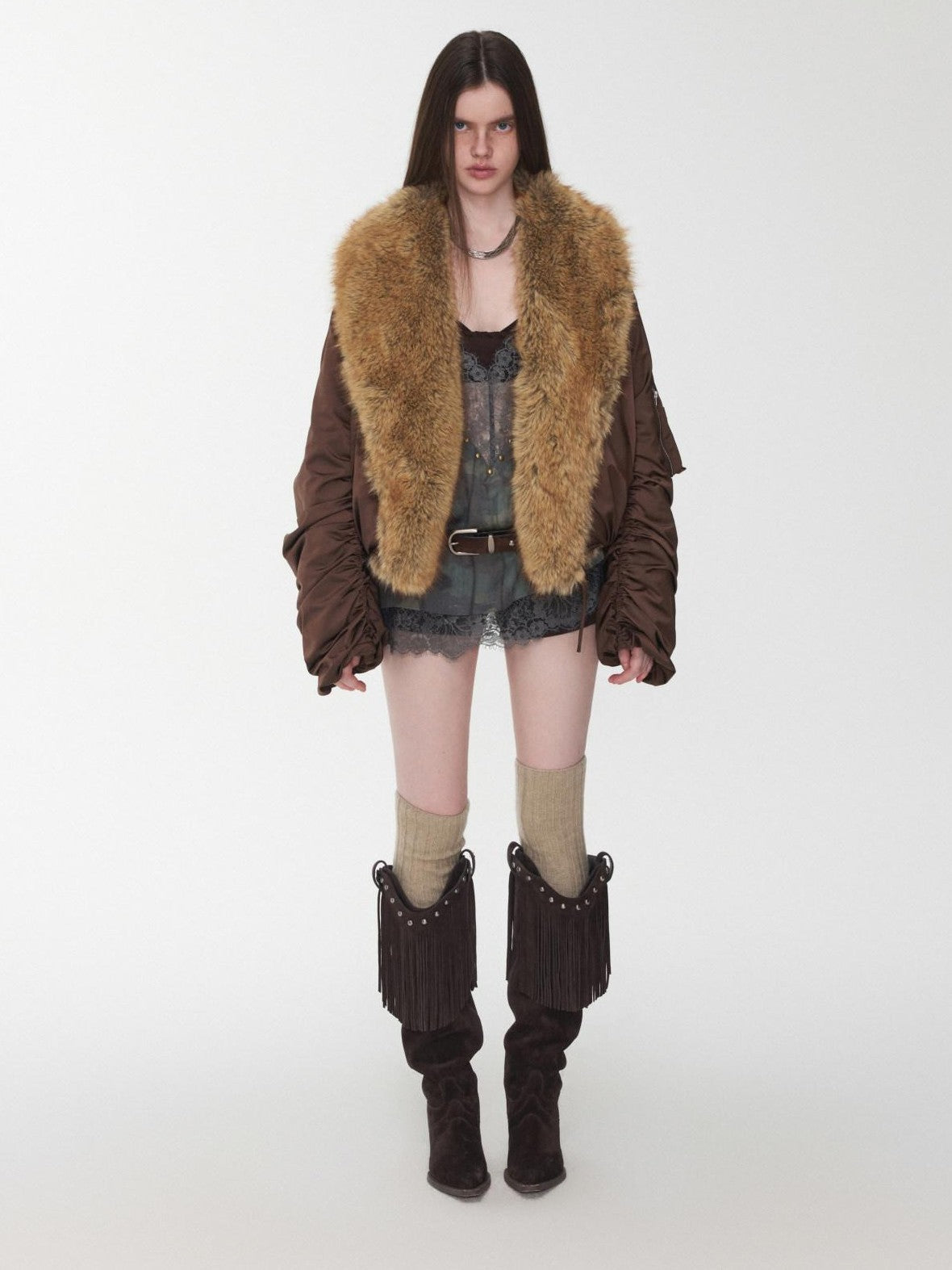 Vintage Workwear Pleated Sleeve Contrast Fur Collar Women's Bomber Jackets