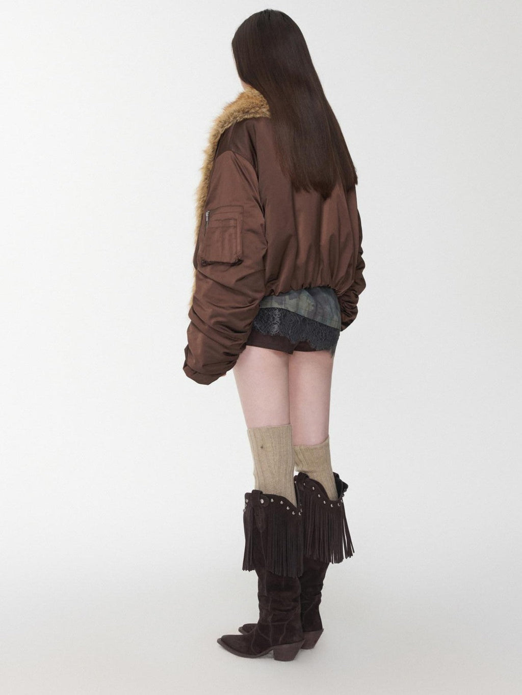 Vintage Workwear Pleated Sleeve Contrast Fur Collar Women's Bomber Jackets