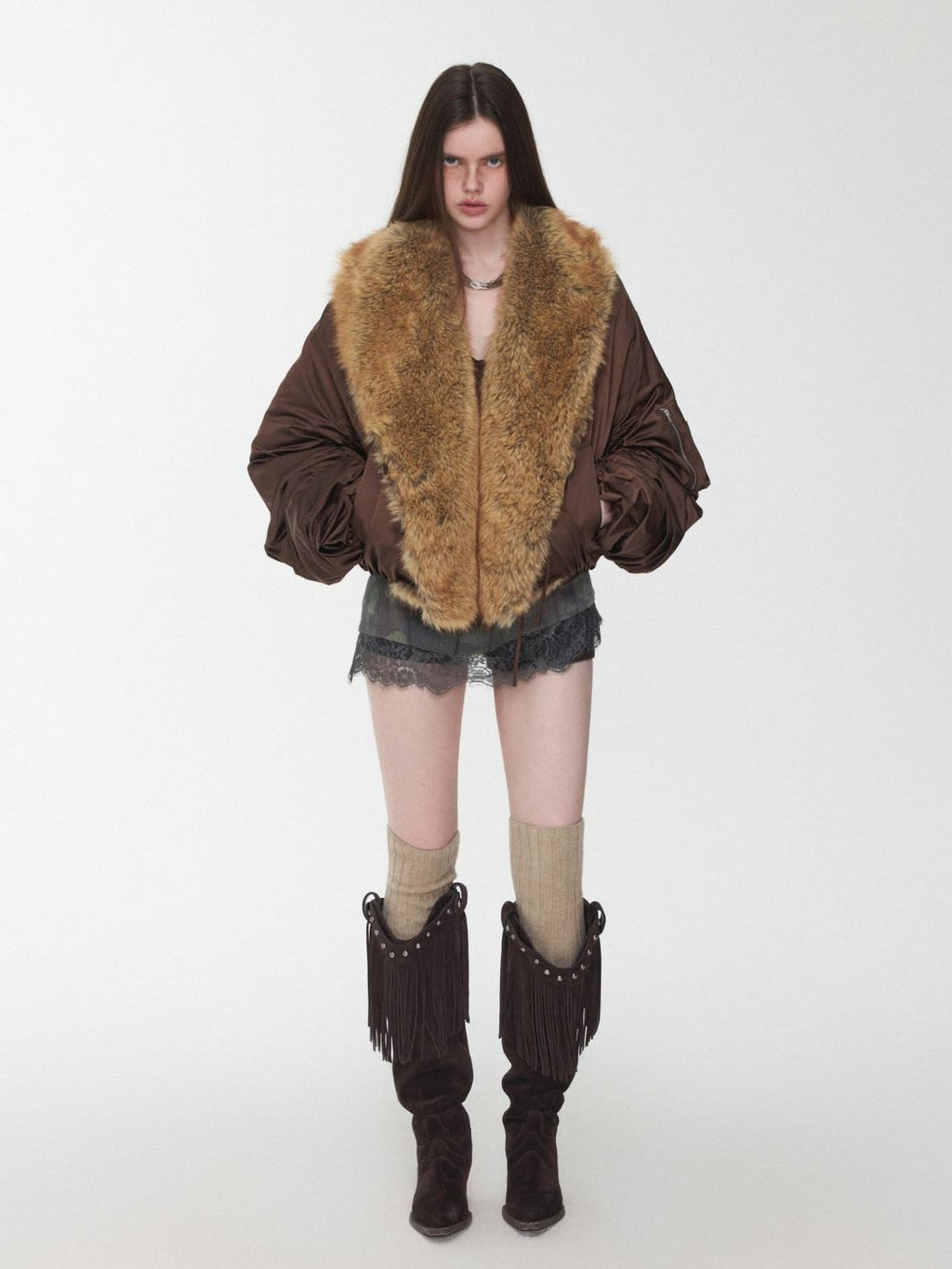 Vintage Workwear Pleated Sleeve Contrast Fur Collar Women's Bomber Jackets