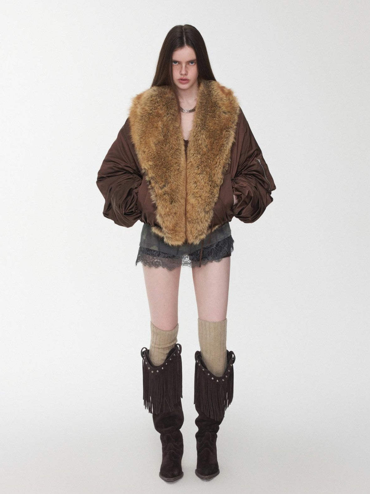 Vintage Workwear Pleated Sleeve Contrast Fur Collar Women's Bomber Jackets