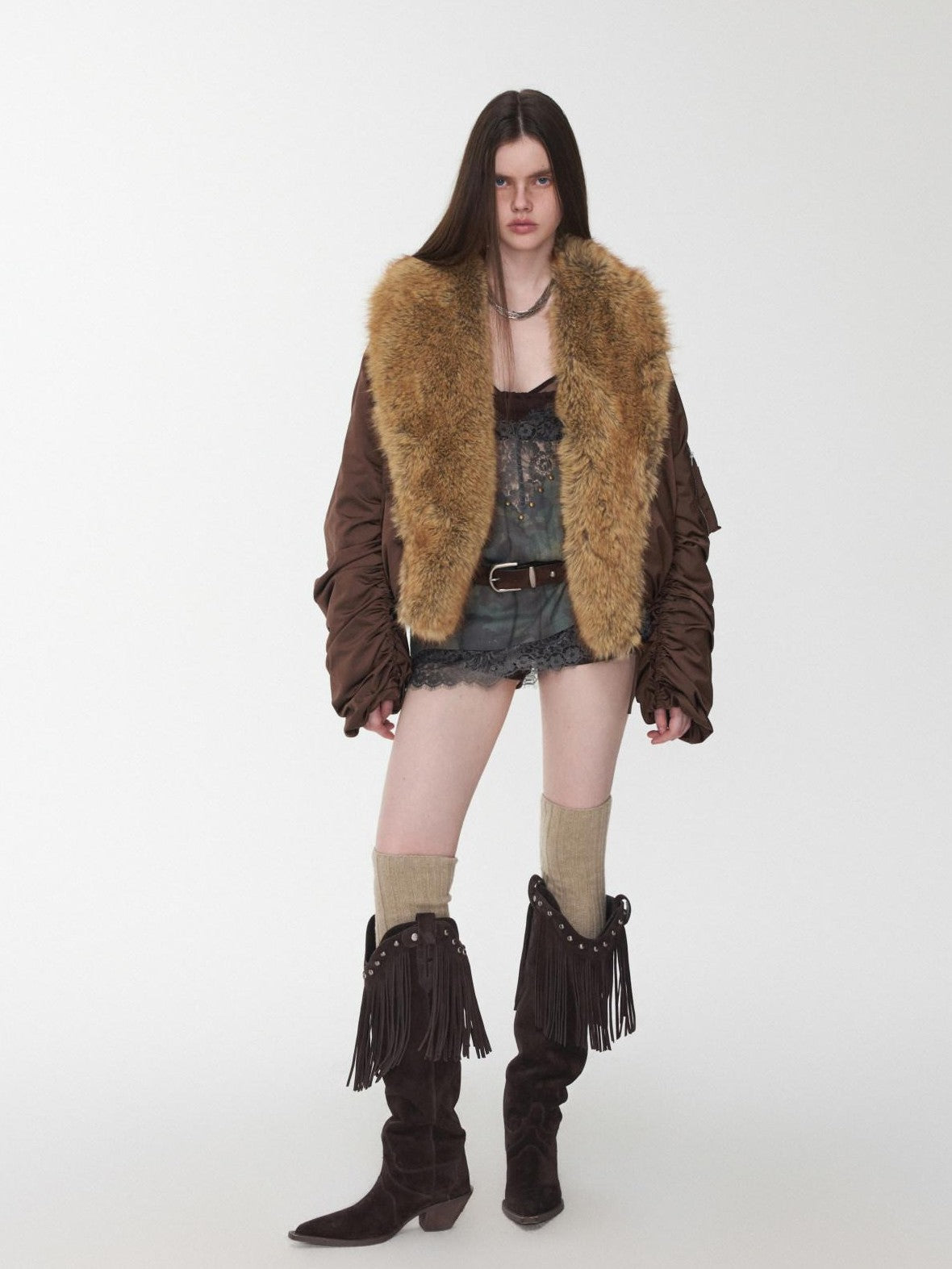 Vintage Workwear Pleated Sleeve Contrast Fur Collar Women's Bomber Jackets