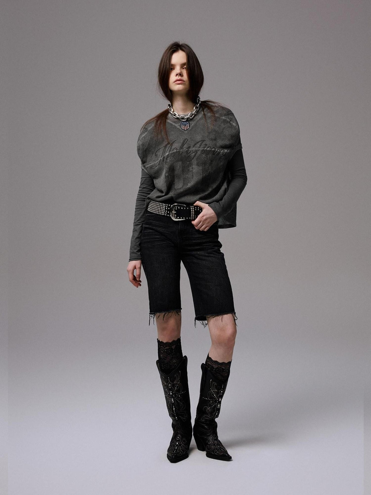 Washed Black Distressed Embroidered Women's Cotton Denim Bermuda Shorts
