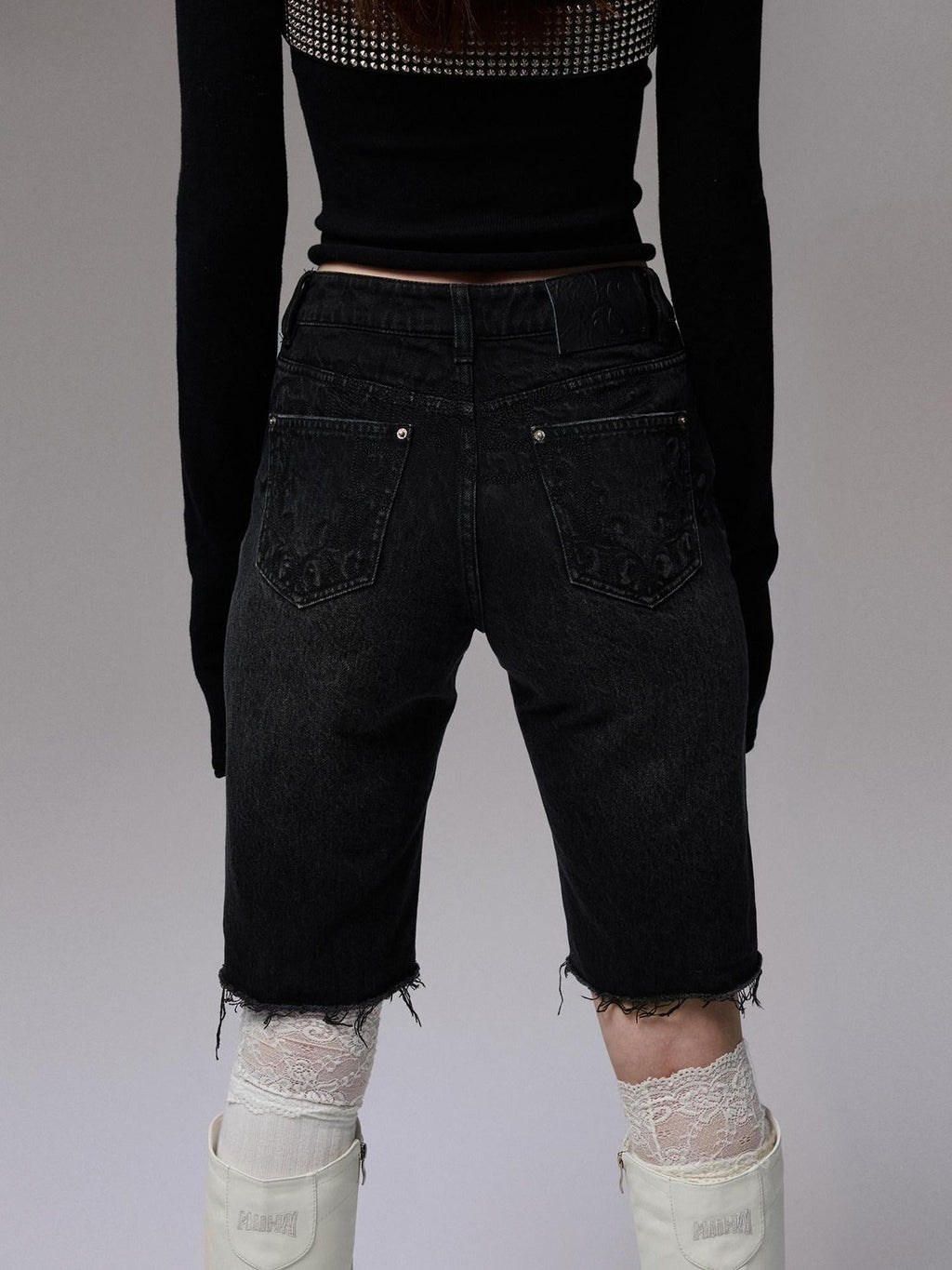 Washed Black Distressed Embroidered Women's Cotton Denim Bermuda Shorts