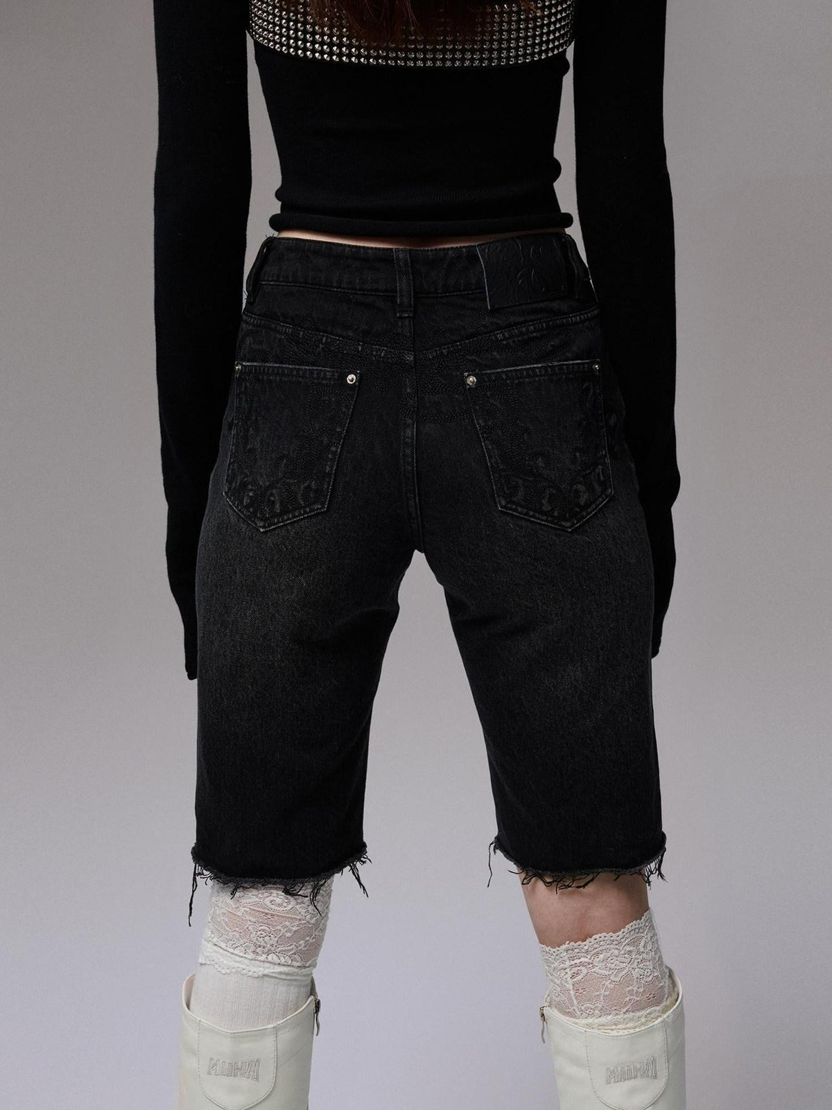 Washed Black Distressed Embroidered Women's Cotton Denim Bermuda Shorts