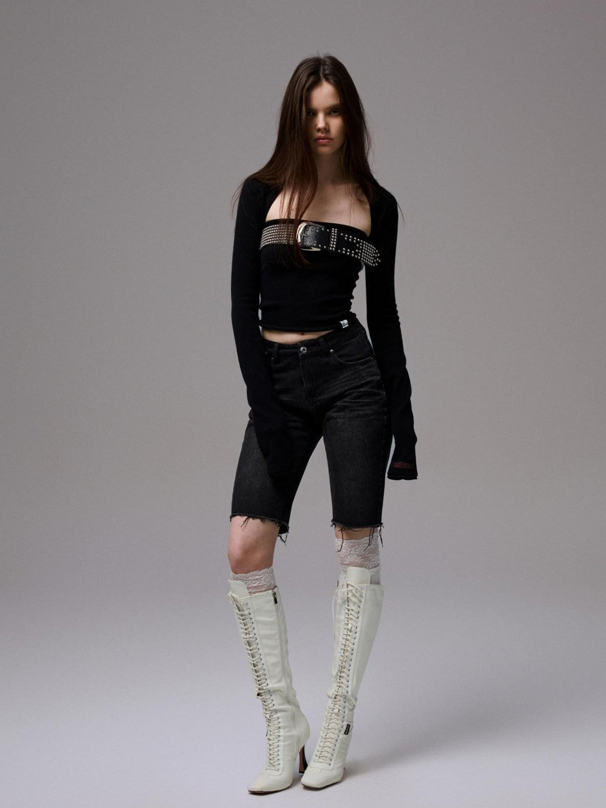 Washed Black Distressed Embroidered Women's Cotton Denim Bermuda Shorts