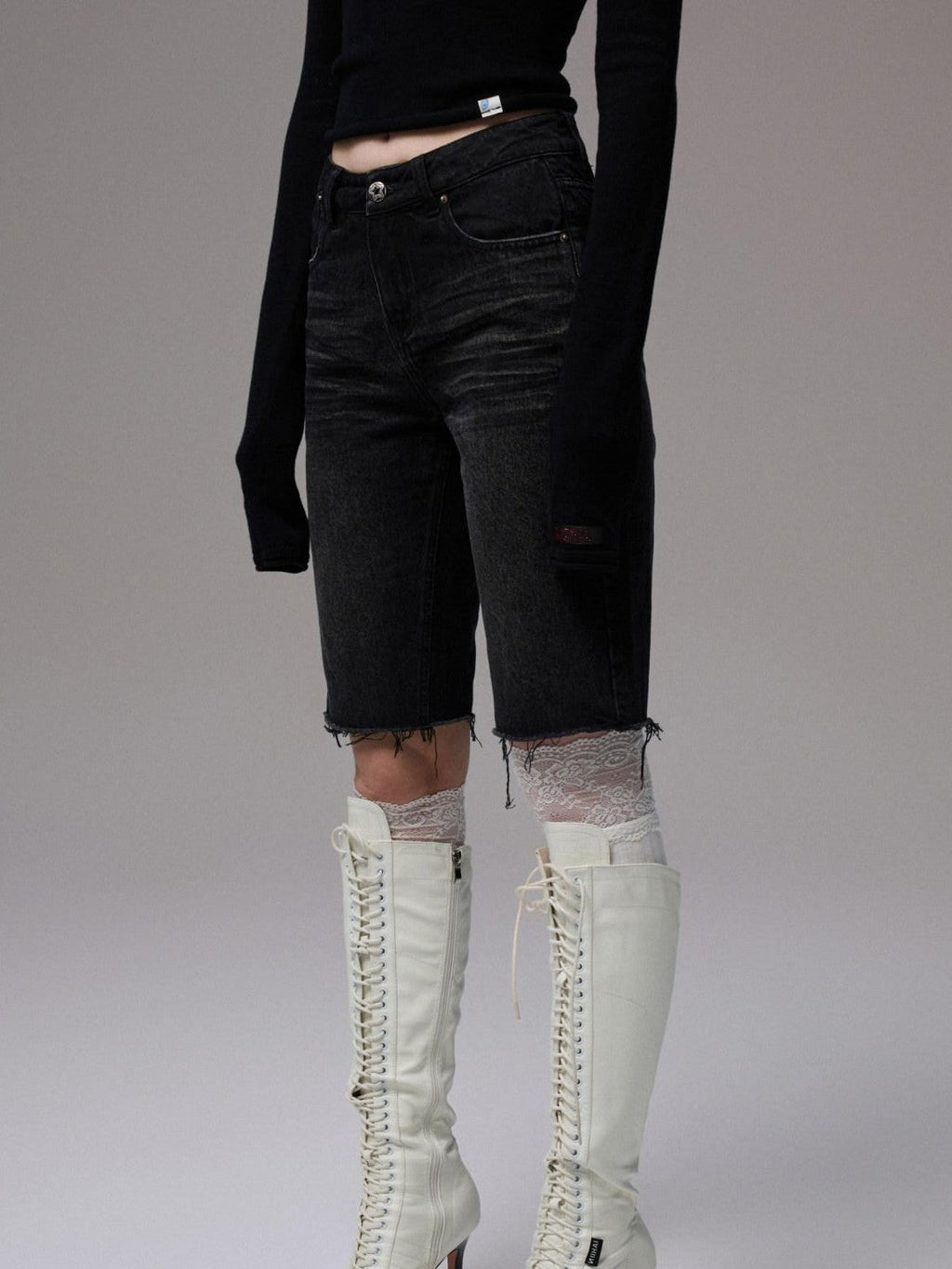 Washed Black Distressed Embroidered Women's Cotton Denim Bermuda Shorts