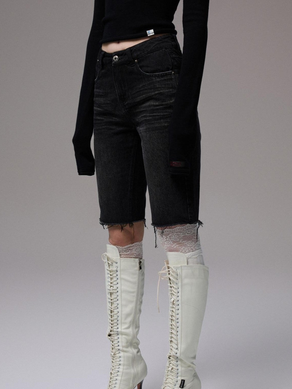 Washed Black Distressed Embroidered Women's Cotton Denim Bermuda Shorts