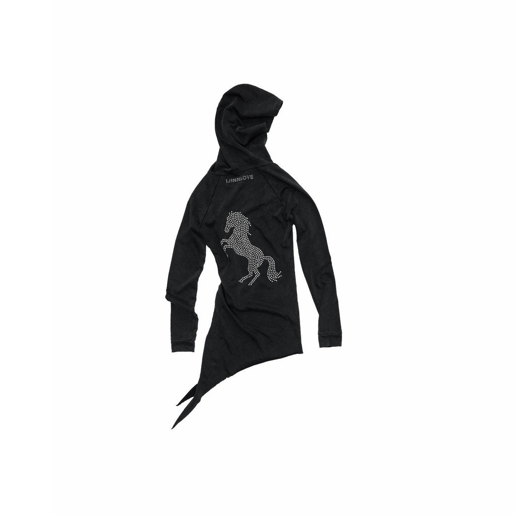Washed Rhinestone Studded Deconstructed Asymmetric Midi Women's Zip-up Hoodies