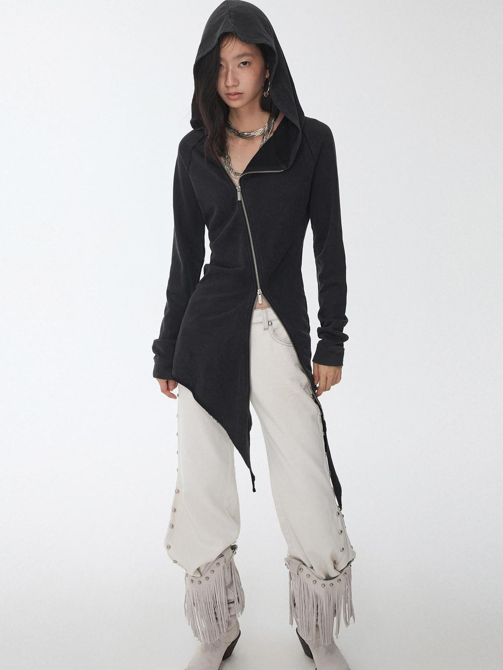 Washed Rhinestone Studded Deconstructed Asymmetric Midi Women's Zip-up Hoodies