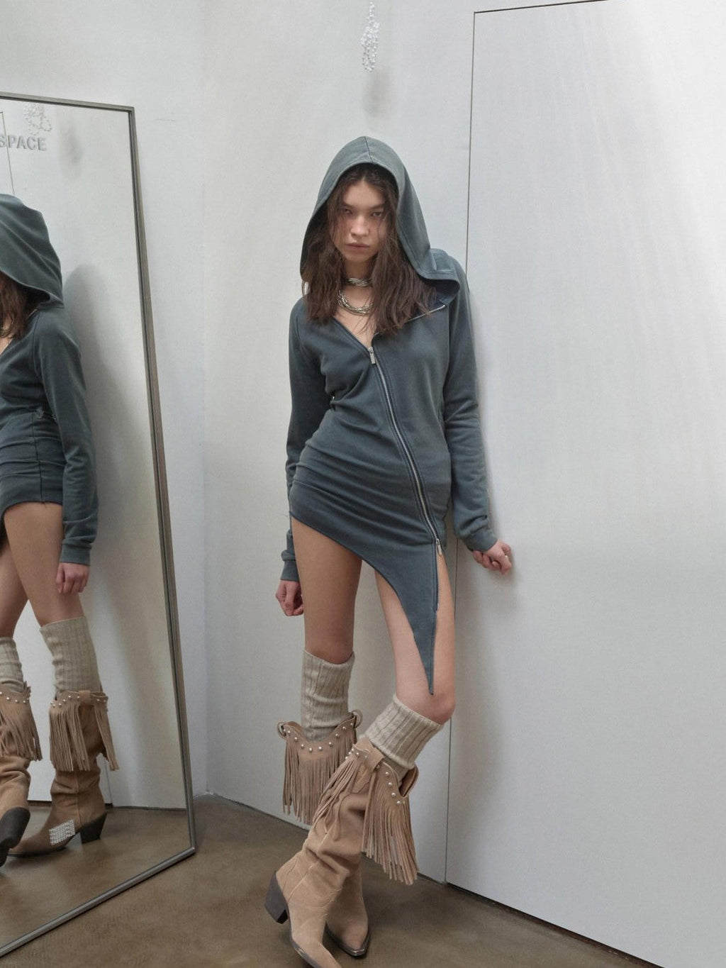 Washed Rhinestone Studded Deconstructed Asymmetric Midi Women's Zip-up Hoodies