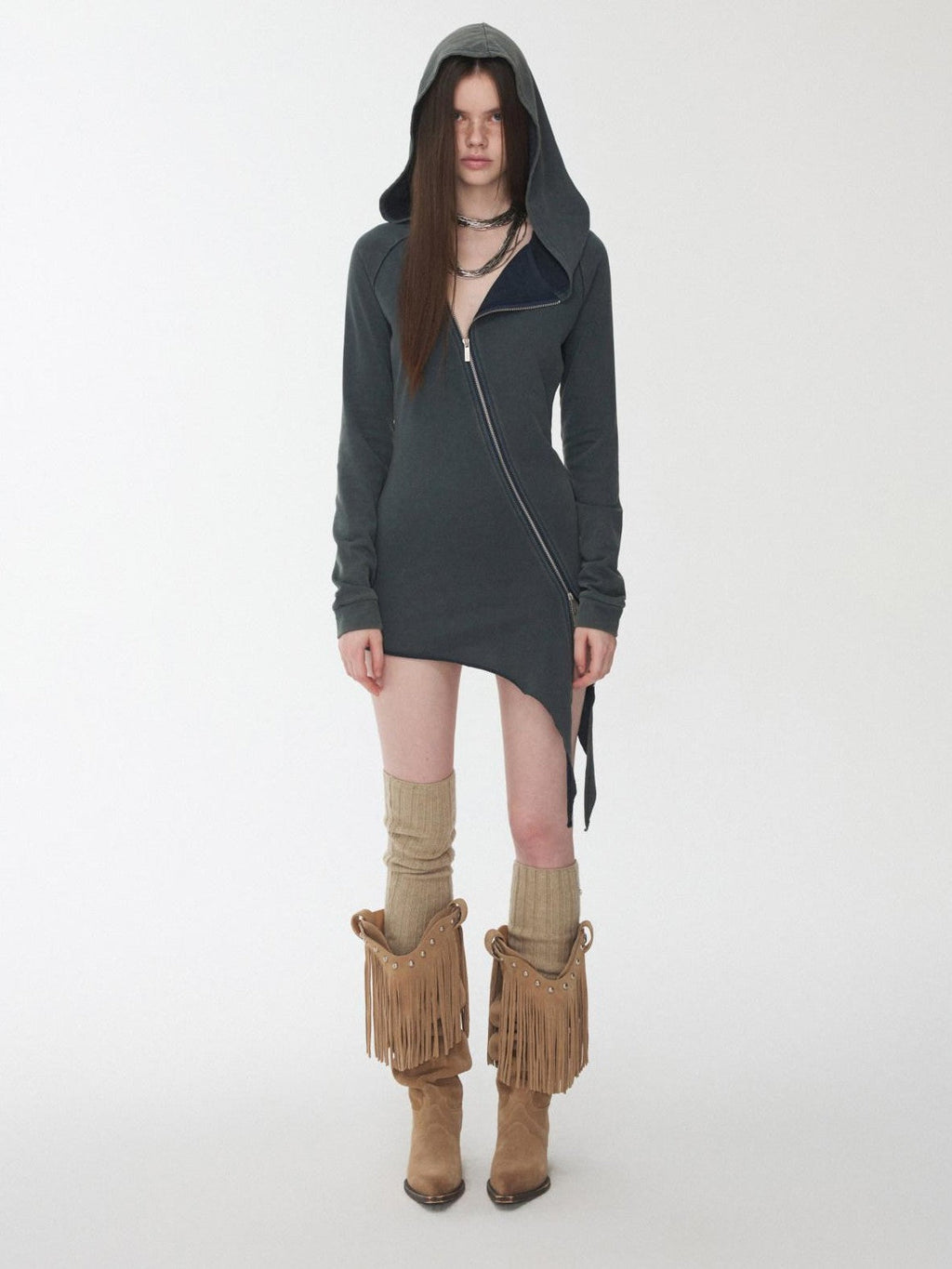 Washed Rhinestone Studded Deconstructed Asymmetric Midi Women's Zip-up Hoodies