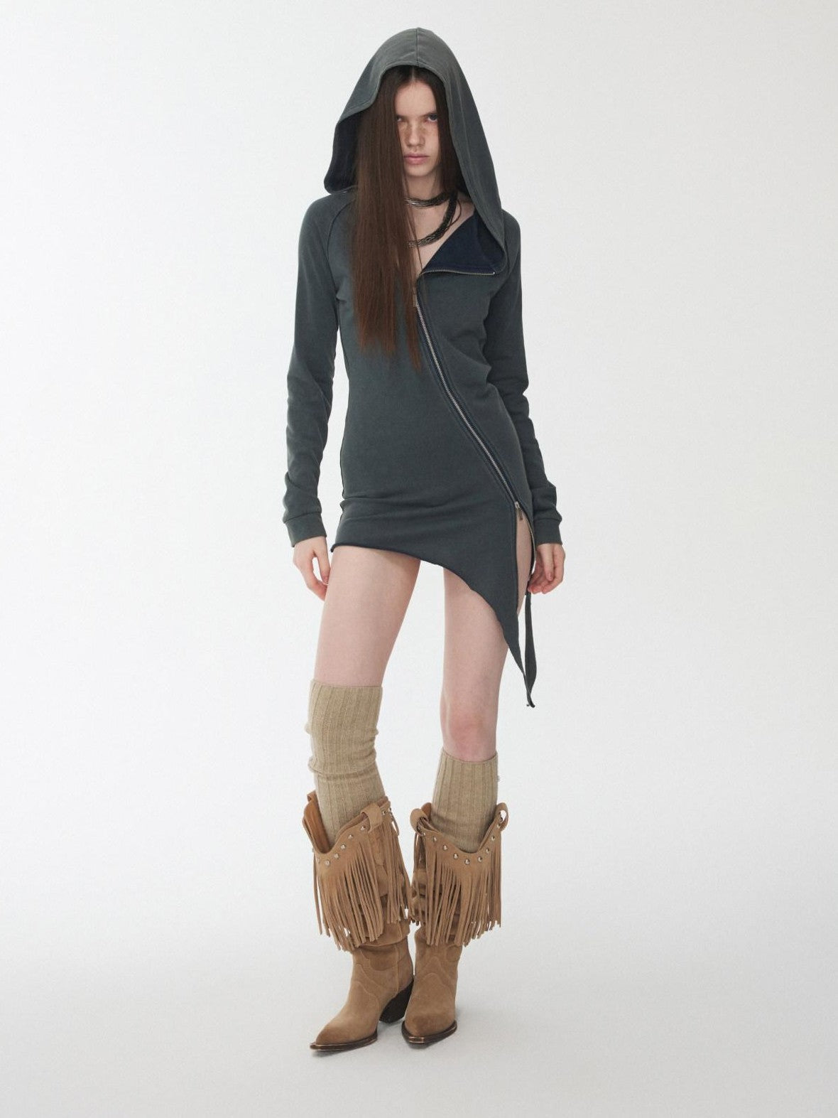 Washed Rhinestone Studded Deconstructed Asymmetric Midi Women's Zip-up Hoodies