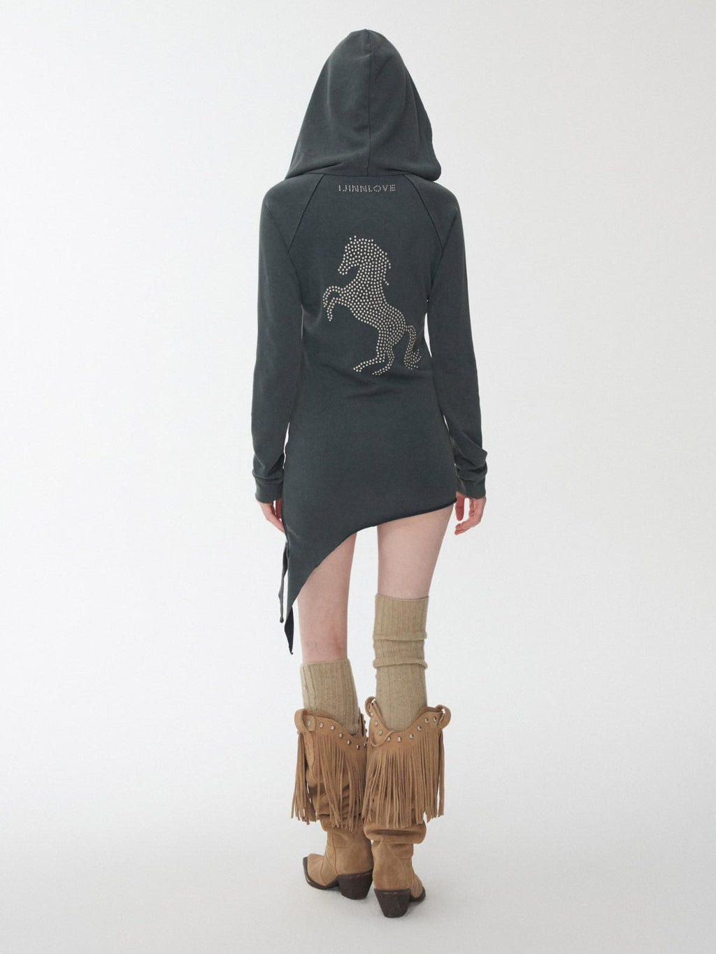 Washed Rhinestone Studded Deconstructed Asymmetric Midi Women's Zip-up Hoodies