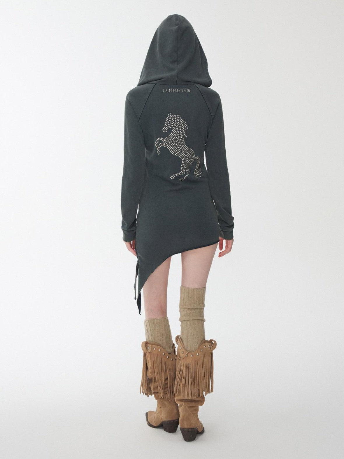 Washed Rhinestone Studded Deconstructed Asymmetric Midi Women's Zip-up Hoodies