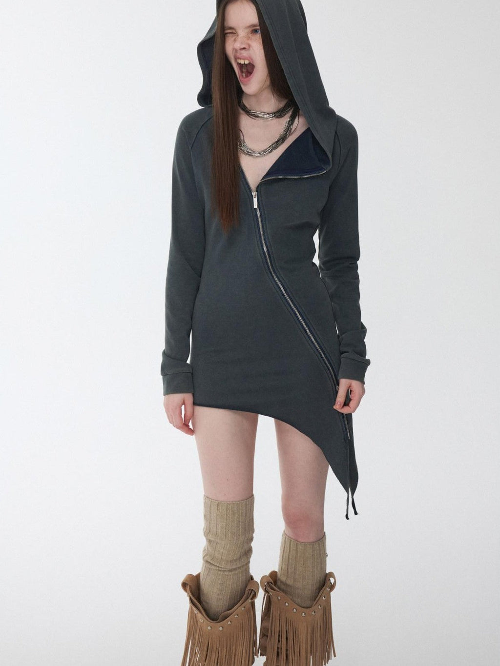Washed Rhinestone Studded Deconstructed Asymmetric Midi Women's Zip-up Hoodies