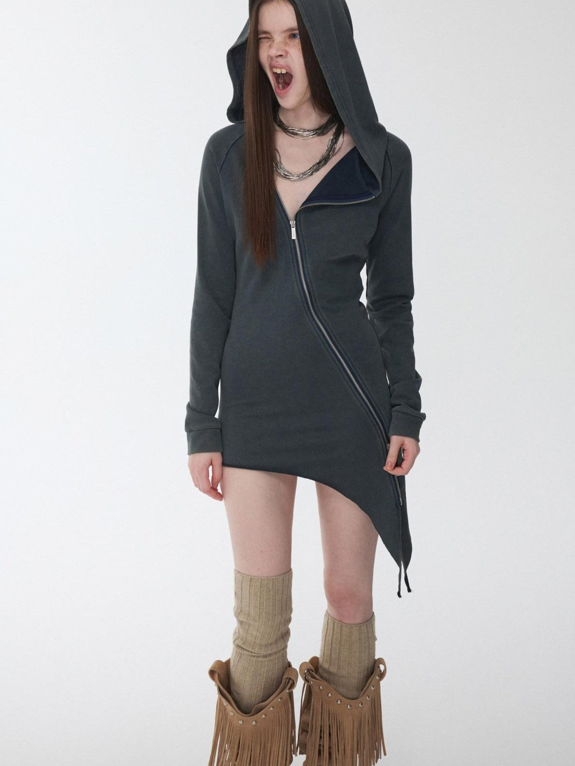 Washed Rhinestone Studded Deconstructed Asymmetric Midi Women's Zip-up Hoodies