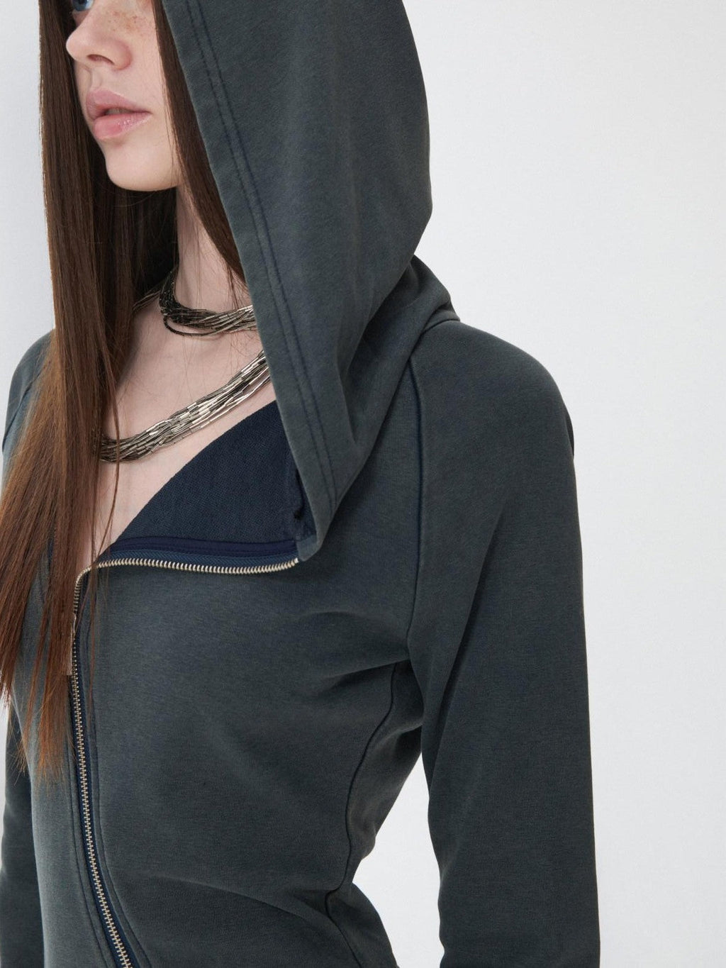 Washed Rhinestone Studded Deconstructed Asymmetric Midi Women's Zip-up Hoodies
