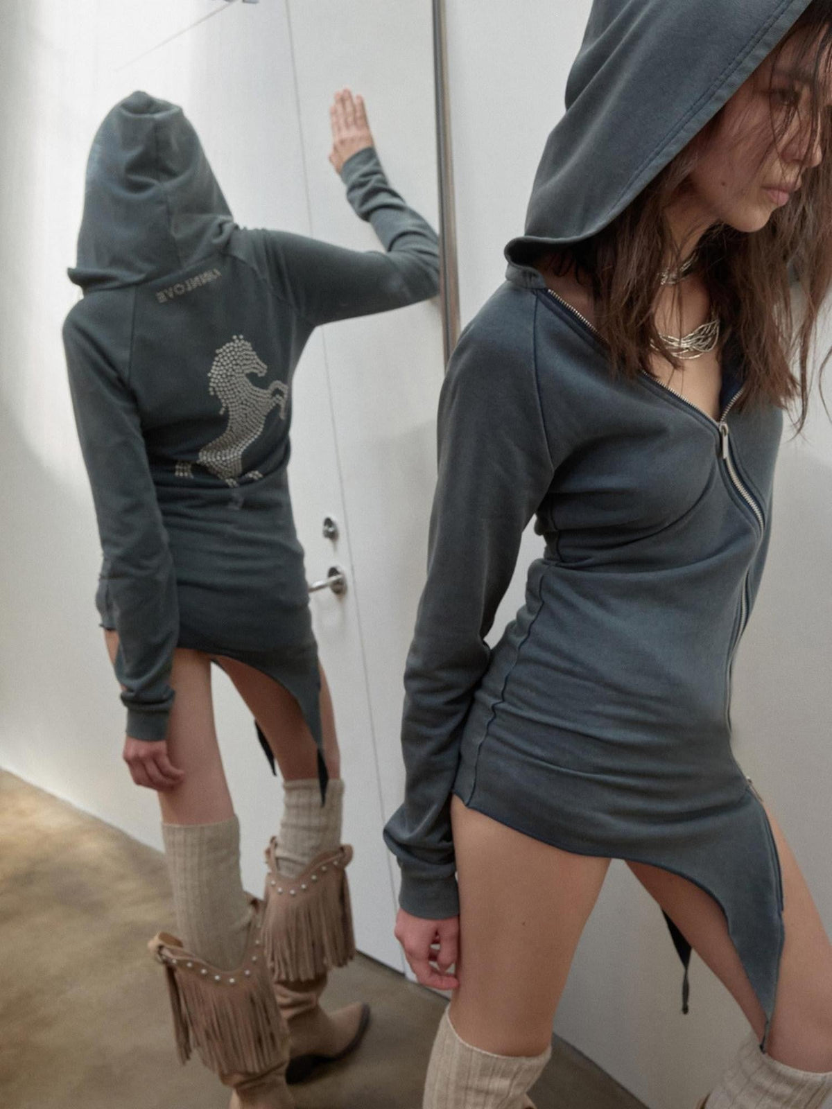 Washed Rhinestone Studded Deconstructed Asymmetric Midi Women's Zip-up Hoodies