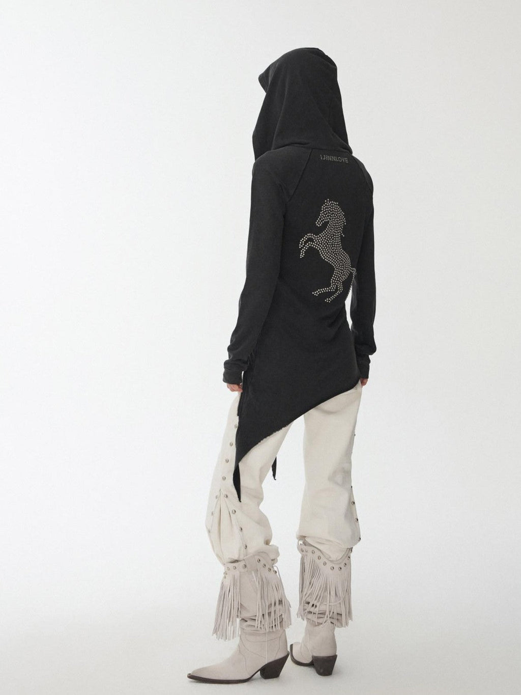 Washed Rhinestone Studded Deconstructed Asymmetric Midi Women's Zip-up Hoodies