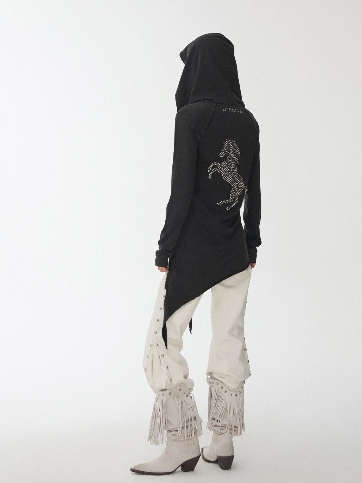 Washed Rhinestone Studded Deconstructed Asymmetric Midi Women's Zip-up Hoodies