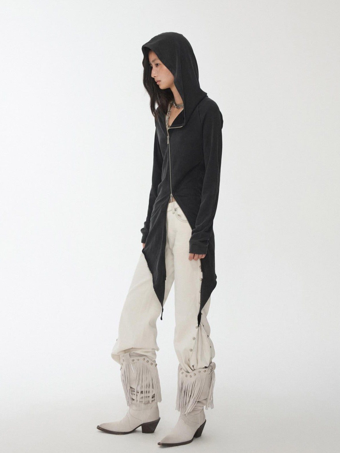 Washed Rhinestone Studded Deconstructed Asymmetric Midi Women's Zip-up Hoodies