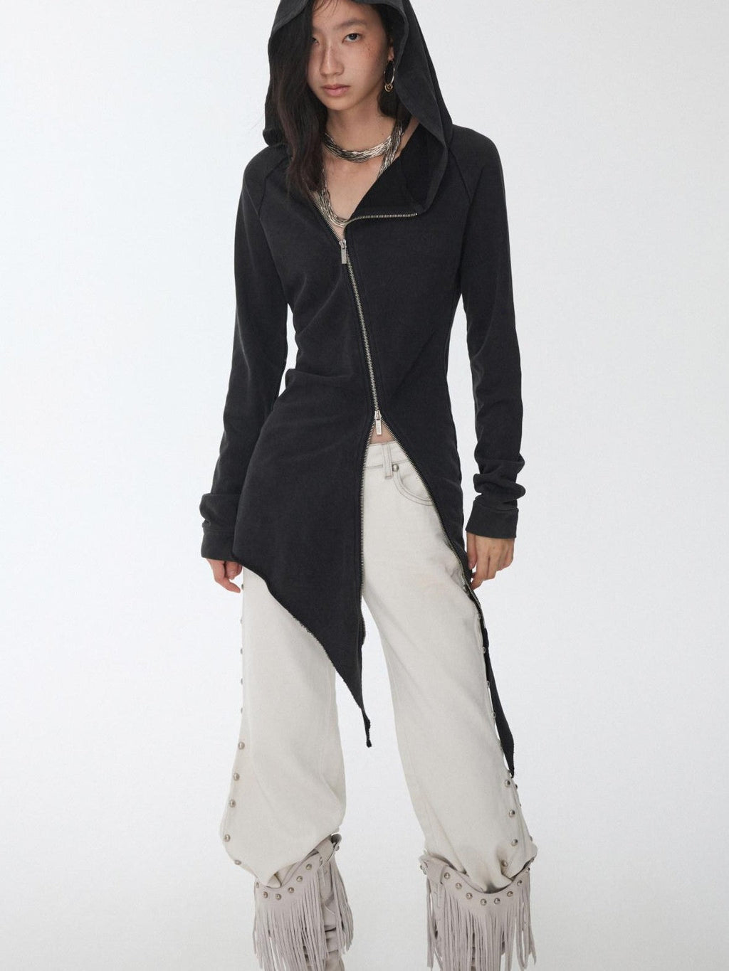 Washed Rhinestone Studded Deconstructed Asymmetric Midi Women's Zip-up Hoodies