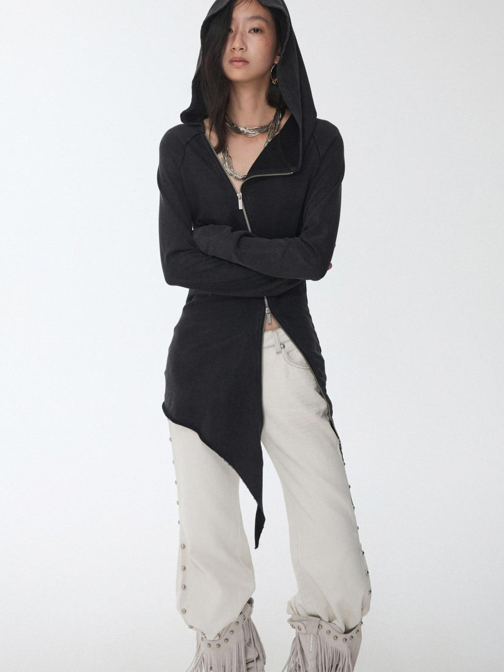 Washed Rhinestone Studded Deconstructed Asymmetric Midi Women's Zip-up Hoodies