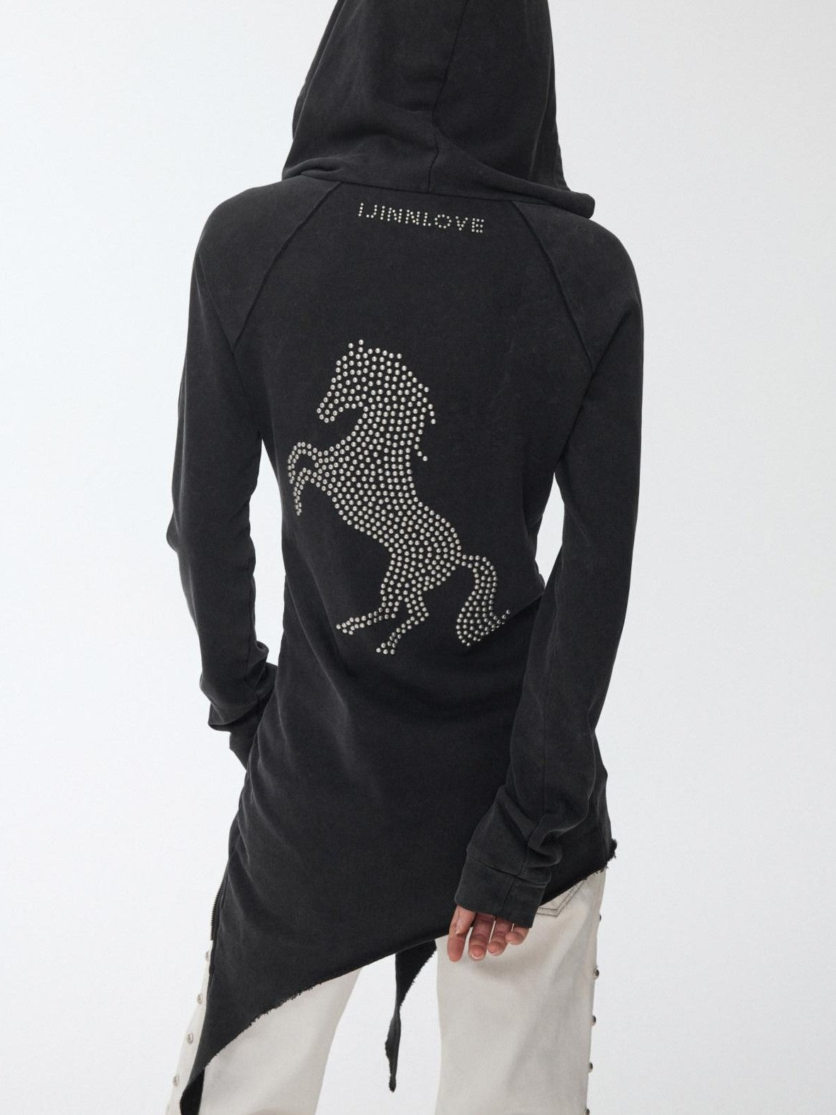 Washed Rhinestone Studded Deconstructed Asymmetric Midi Women's Zip-up Hoodies