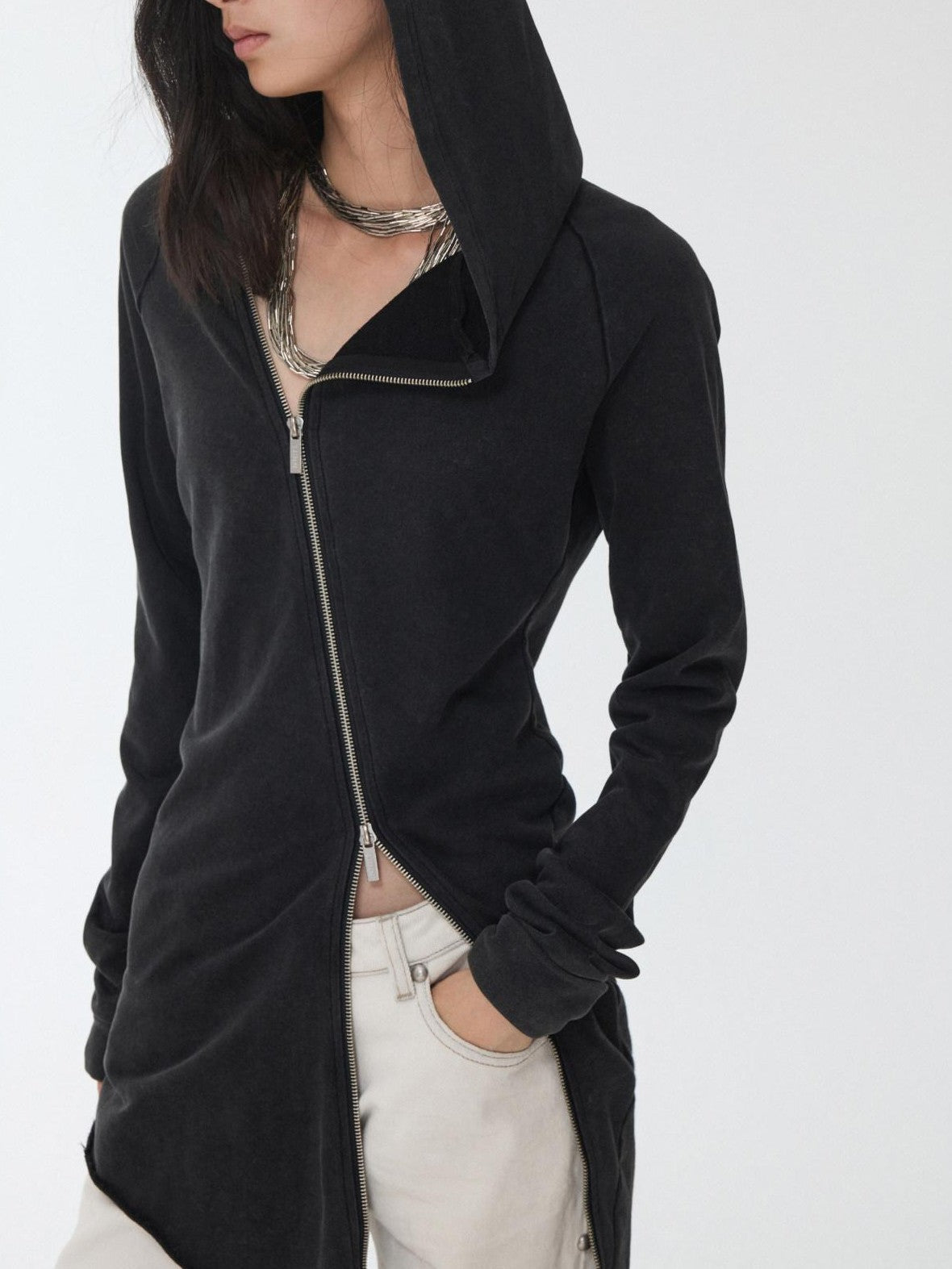 Washed Rhinestone Studded Deconstructed Asymmetric Midi Women's Zip-up Hoodies