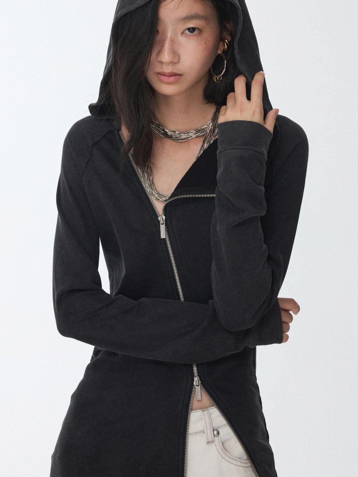 Washed Rhinestone Studded Deconstructed Asymmetric Midi Women's Zip-up Hoodies