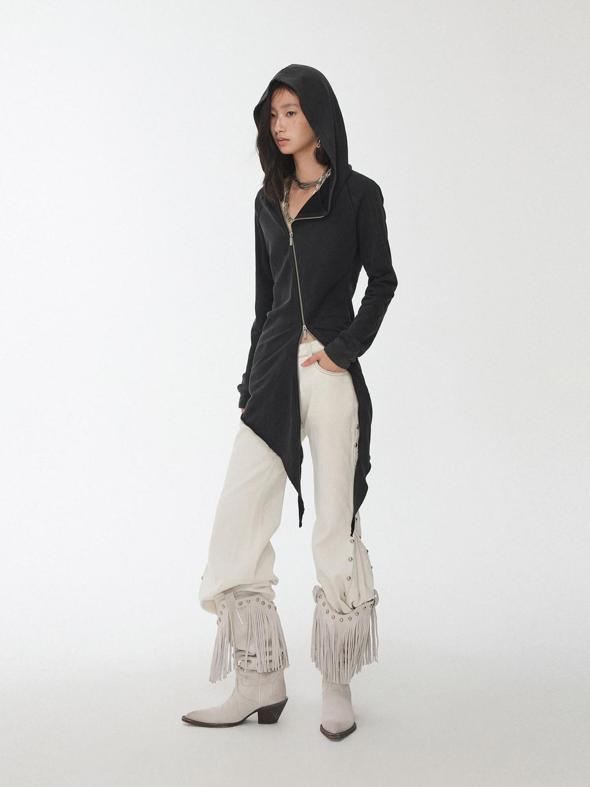 Washed Rhinestone Studded Deconstructed Asymmetric Midi Women's Zip-up Hoodies