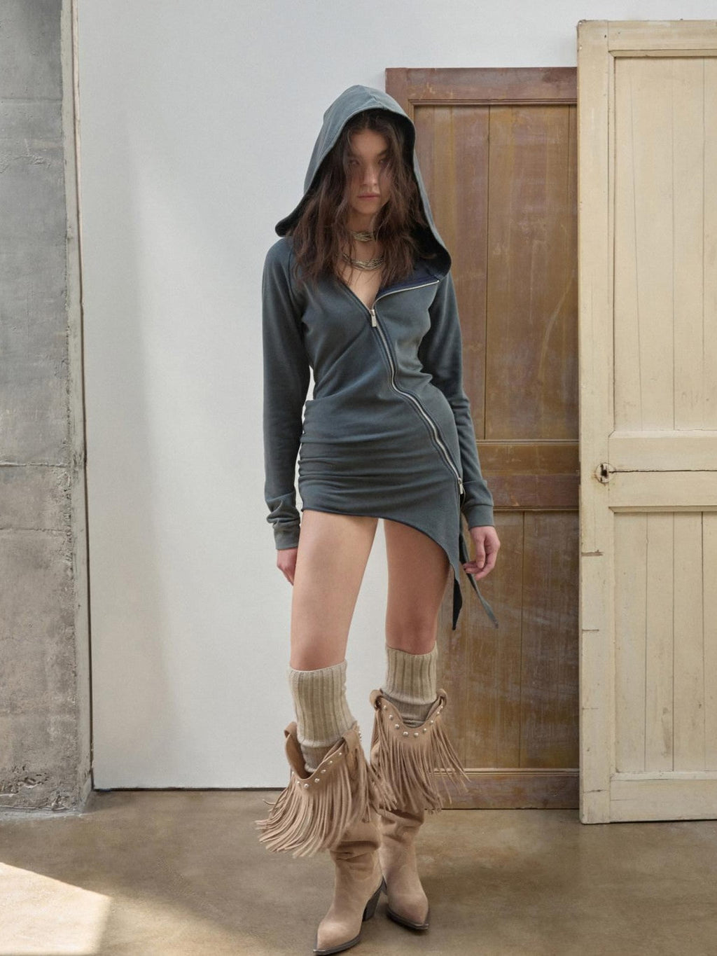 Washed Rhinestone Studded Deconstructed Asymmetric Midi Women's Zip-up Hoodies