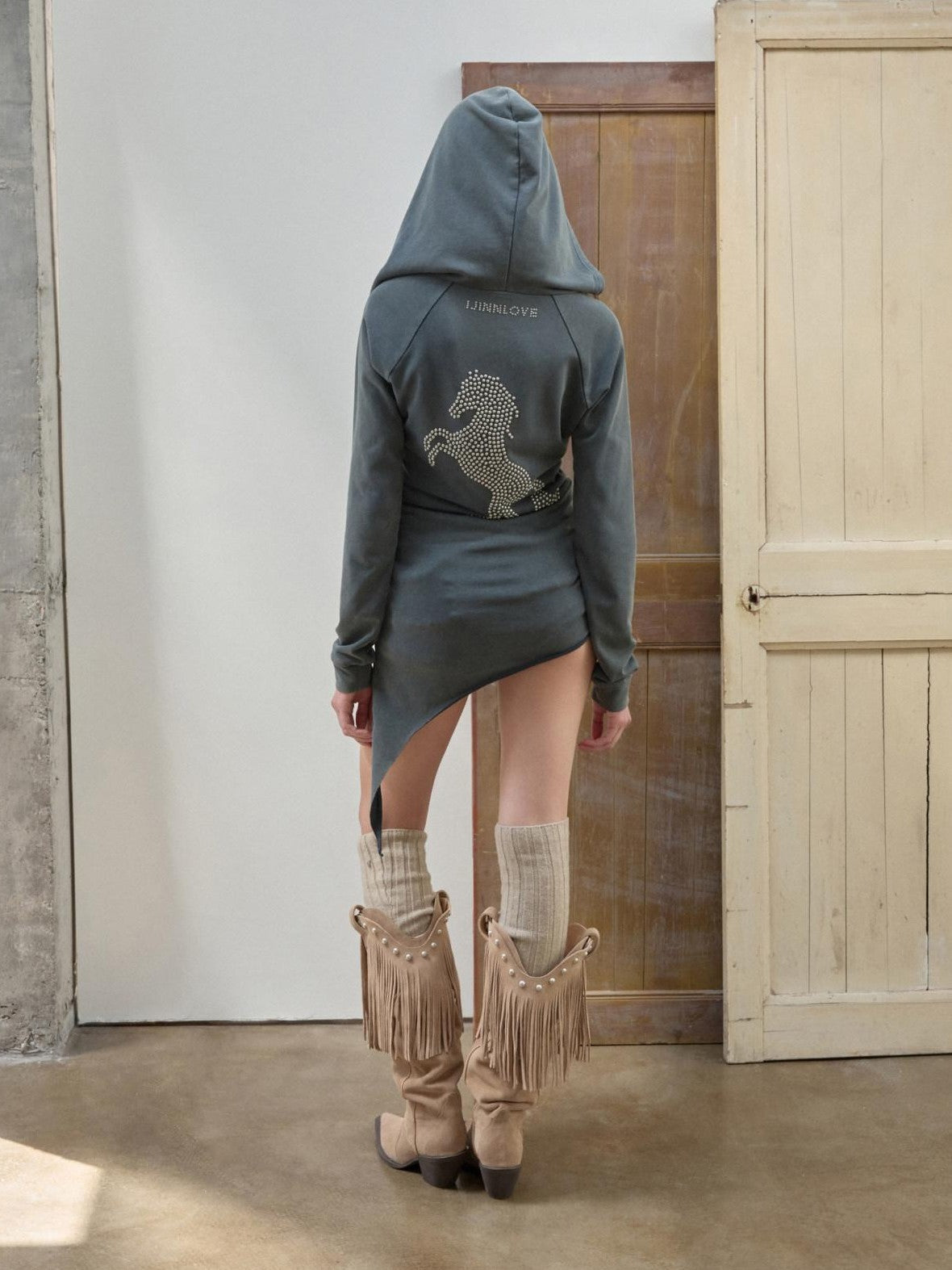 Washed Rhinestone Studded Deconstructed Asymmetric Midi Women's Zip-up Hoodies