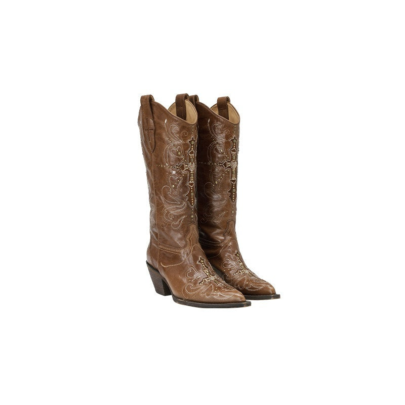 Western Cross Stud Rivet Biker Chunky Heel Women's Mid-calf Boots