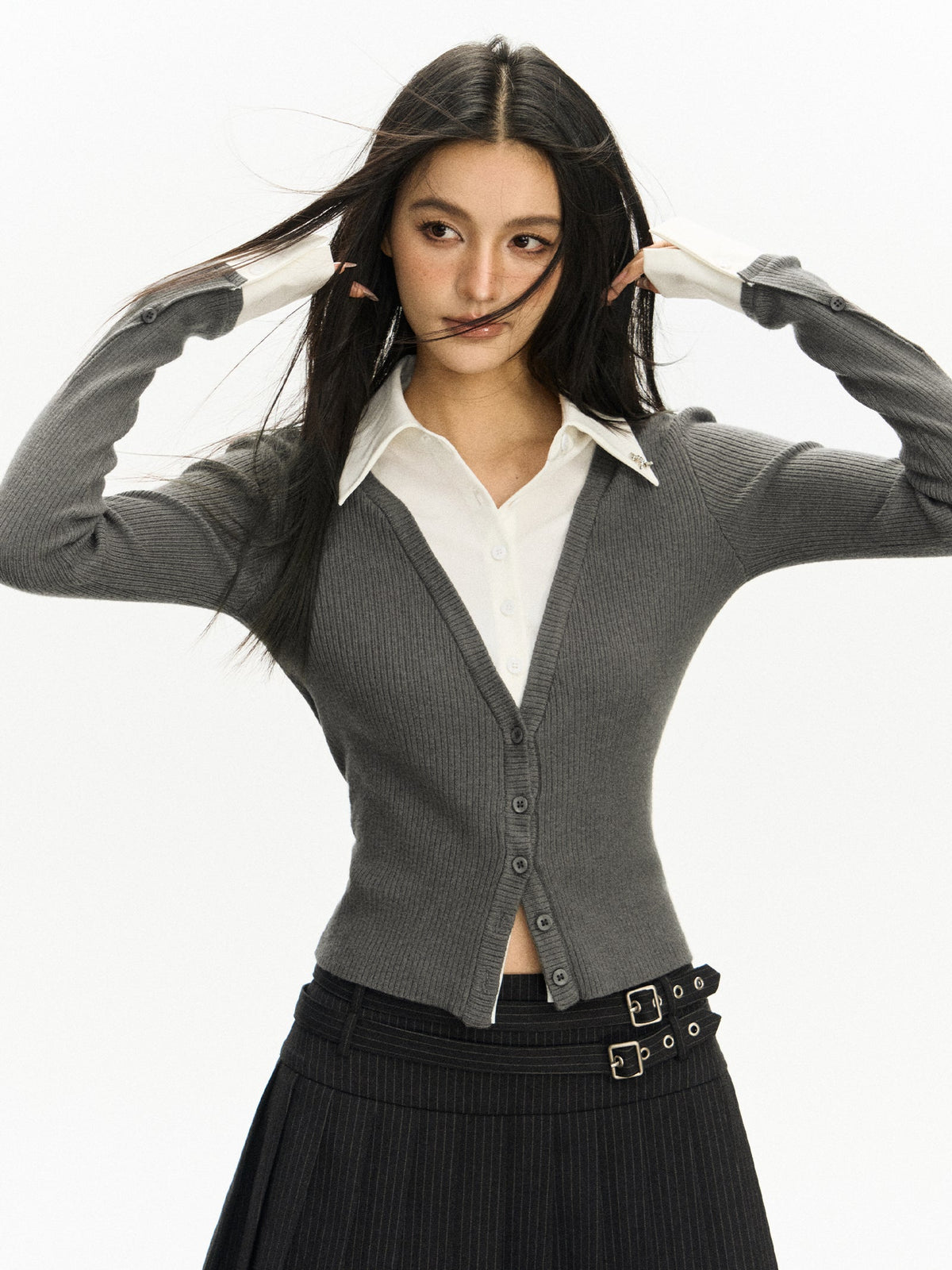 Classic Mock Two-Piece Ribbed V-neck Cardigan