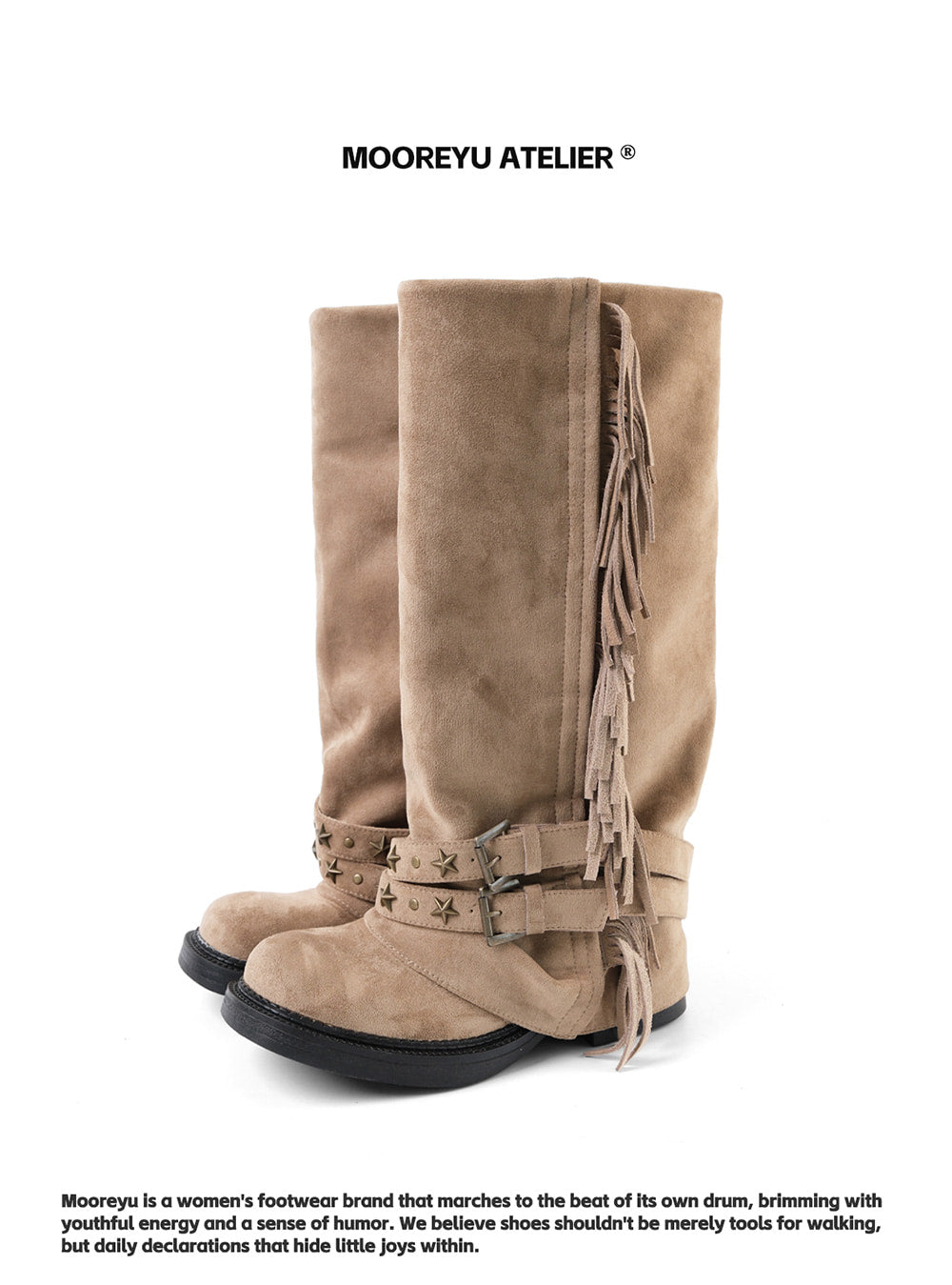 Shadow Fringe Stud Long Cowhide Boots