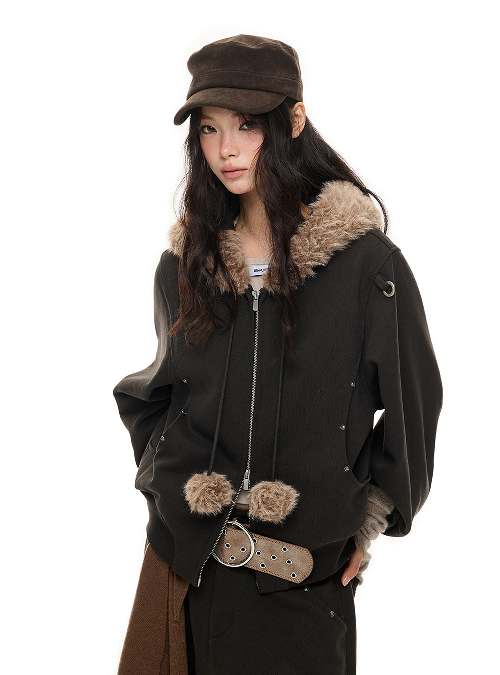 Trim Faux Fur Hoodie & Wide Pants