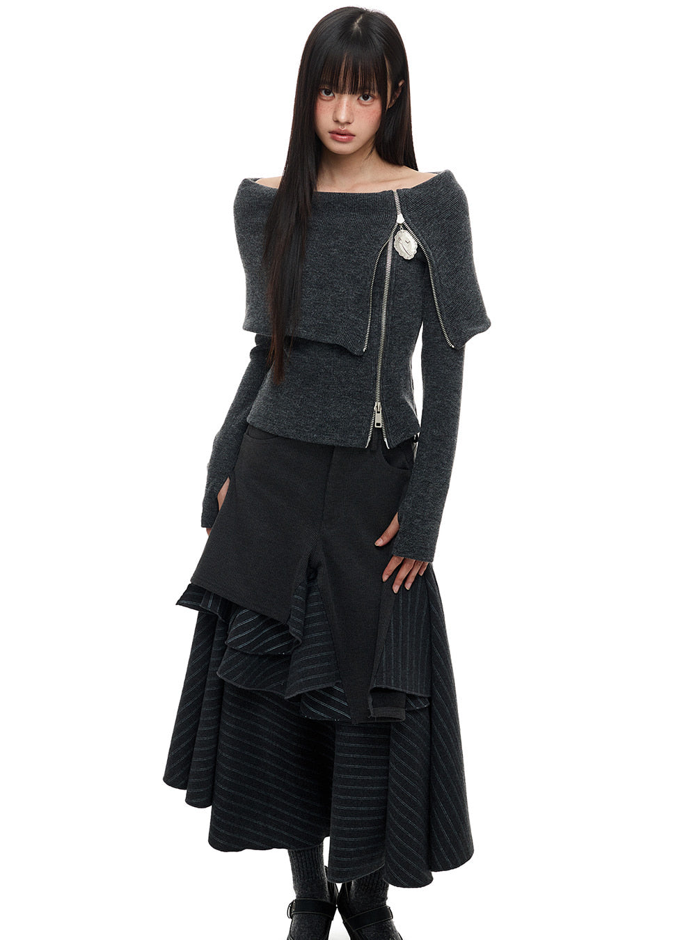 Double Zip Knit Off-Shoulder Top