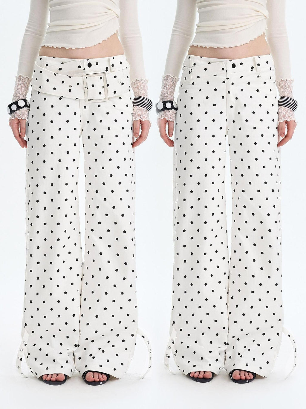 White Polka Dot V Waist Loose Fit Button Fly Women Denim Straight Leg Jeans