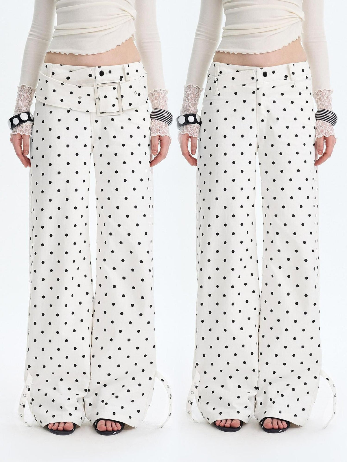White Polka Dot V Waist Loose Fit Button Fly Women Denim Straight Leg Jeans