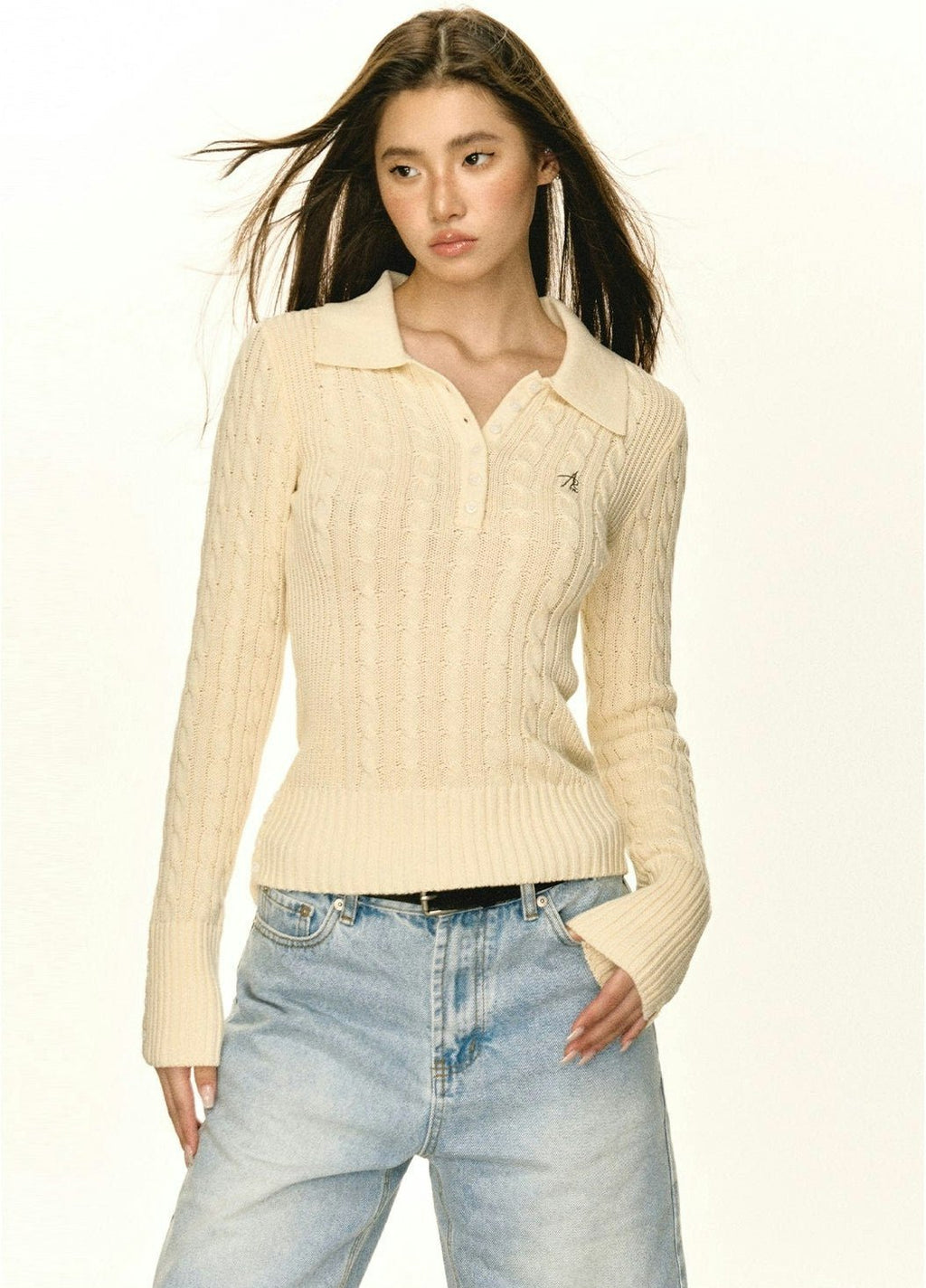 Half-Button Cable Knit Polo Sweater